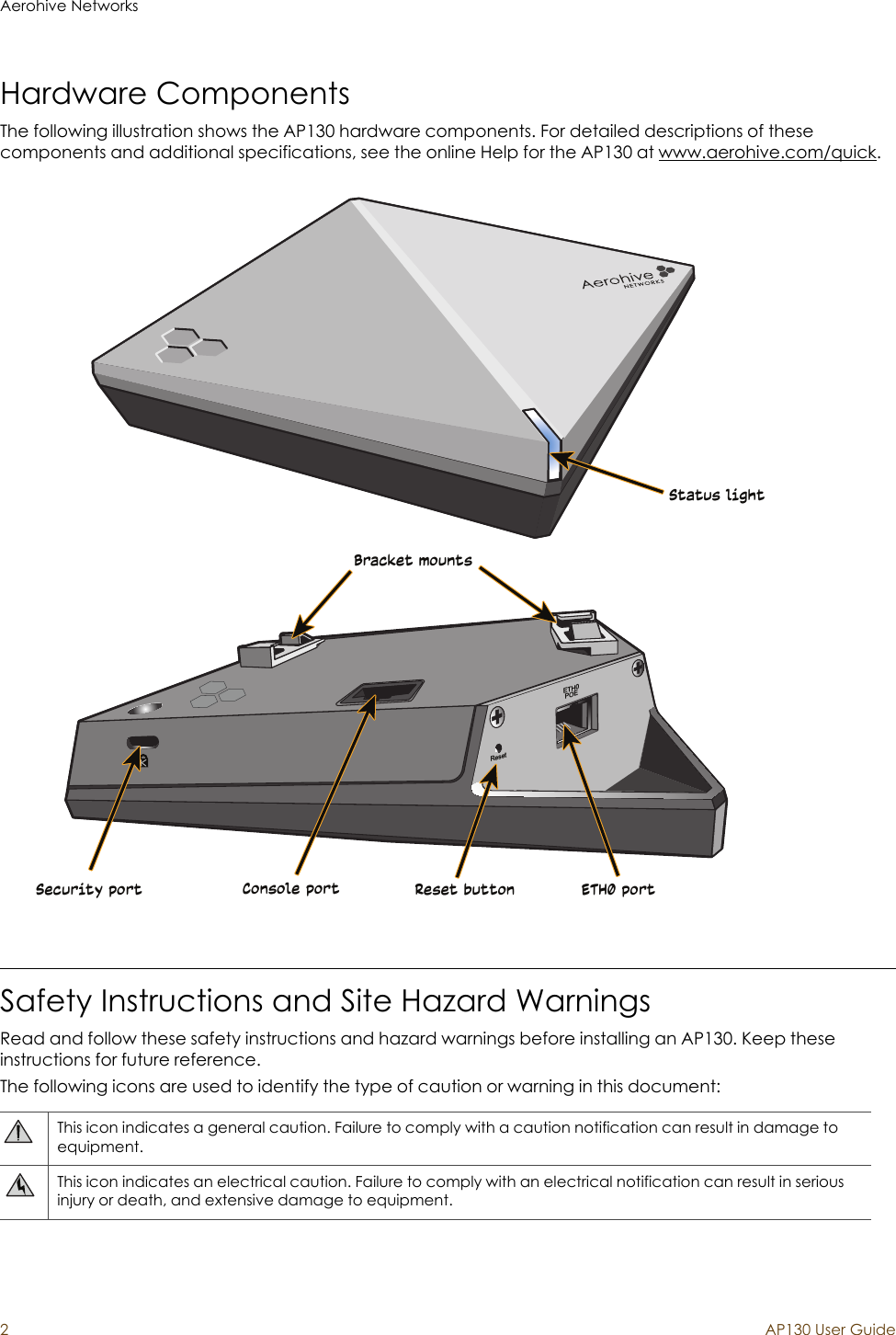 Aerohive Networks2AP130 User GuideHardware ComponentsThe following illustration shows the AP130 hardware components. For detailed descriptions of these components and additional specifications, see the online Help for the AP130 at www.aerohive.com/quick.Safety Instructions and Site Hazard WarningsRead and follow these safety instructions and hazard warnings before installing an AP130. Keep these instructions for future reference.The following icons are used to identify the type of caution or warning in this document:This icon indicates a general caution. Failure to comply with a caution notification can result in damage to equipment.This icon indicates an electrical caution. Failure to comply with an electrical notification can result in serious injury or death, and extensive damage to equipment.ResetETH0POESecurity port Console port Reset buttonStatus lightETH0 portBracket mounts