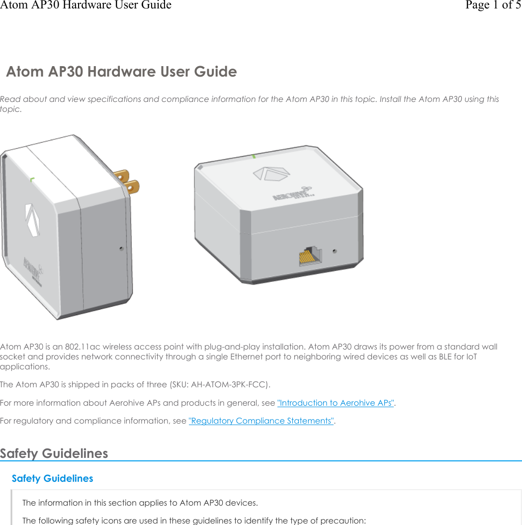 Page 1 of Aerohive Networks ATOM-AP30 Wireless Access point User Manual Atom AP30 Hardware User Guide 3 30 18 20180401