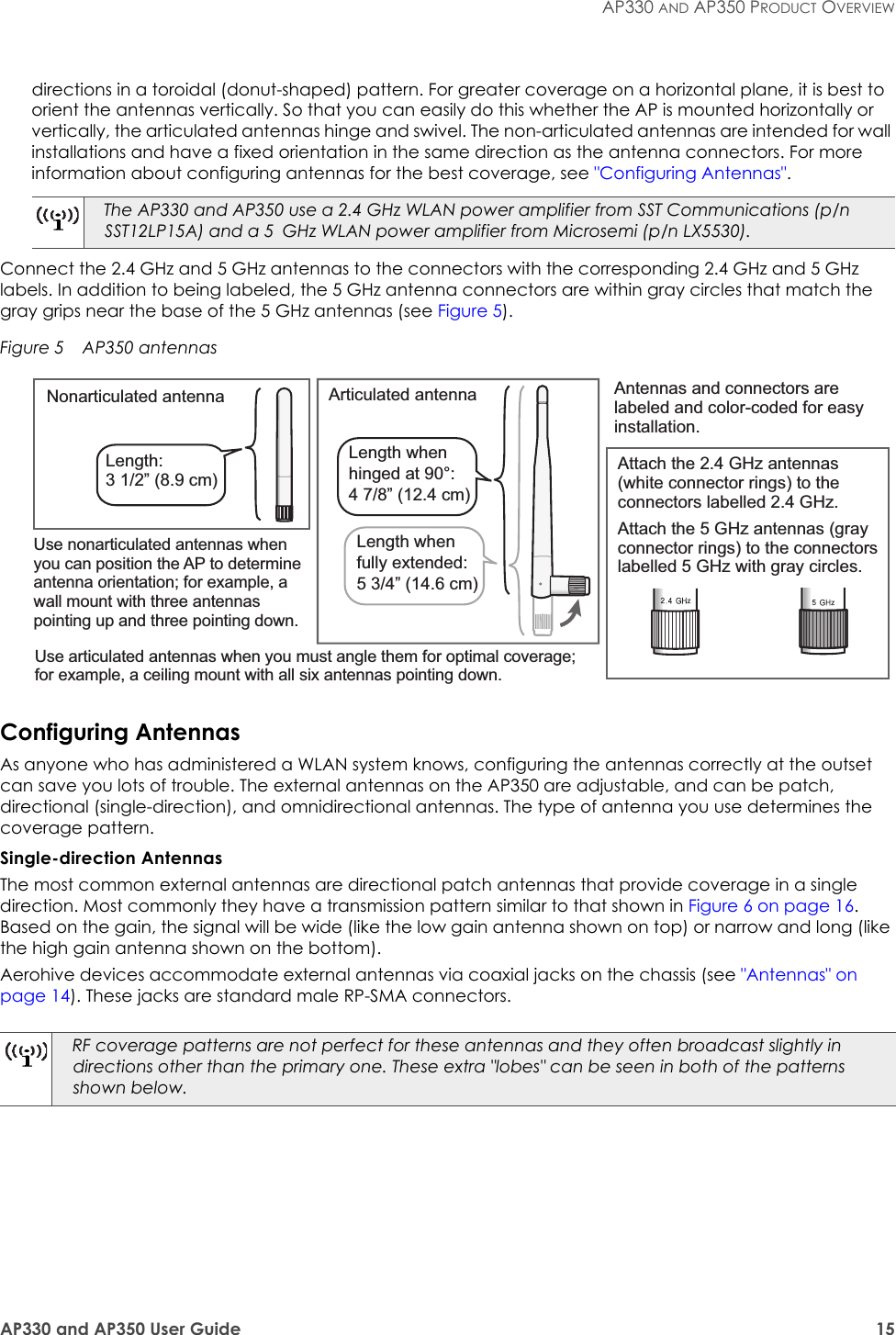 AP330 and AP350 User Guide 15AP330 AND AP350 PRODUCT OVERVIEWdirections in a toroidal (donut-shaped) pattern. For greater coverage on a horizontal plane, it is best to orient the antennas vertically. So that you can easily do this whether the AP is mounted horizontally or vertically, the articulated antennas hinge and swivel. The non-articulated antennas are intended for wall installations and have a fixed orientation in the same direction as the antenna connectors. For more information about configuring antennas for the best coverage, see &quot;Configuring Antennas&quot;.Connect the 2.4 GHz and 5 GHz antennas to the connectors with the corresponding 2.4 GHz and 5 GHz labels. In addition to being labeled, the 5 GHz antenna connectors are within gray circles that match the gray grips near the base of the 5 GHz antennas (see Figure 5).Figure 5  AP350 antennasConfiguring AntennasAs anyone who has administered a WLAN system knows, configuring the antennas correctly at the outset can save you lots of trouble. The external antennas on the AP350 are adjustable, and can be patch, directional (single-direction), and omnidirectional antennas. The type of antenna you use determines the coverage pattern. Single-direction AntennasThe most common external antennas are directional patch antennas that provide coverage in a single direction. Most commonly they have a transmission pattern similar to that shown in Figure 6 on page 16. Based on the gain, the signal will be wide (like the low gain antenna shown on top) or narrow and long (like the high gain antenna shown on the bottom).Aerohive devices accommodate external antennas via coaxial jacks on the chassis (see &quot;Antennas&quot; on page 14). These jacks are standard male RP-SMA connectors.The AP330 and AP350 use a 2.4 GHz WLAN power amplifier from SST Communications (p/n SST12LP15A) and a 5 GHz WLAN power amplifier from Microsemi (p/n LX5530).RF coverage patterns are not perfect for these antennas and they often broadcast slightly in directions other than the primary one. These extra &quot;lobes&quot; can be seen in both of the patterns shown below.Nonarticulated antenna Articulated antennaLength when  fully extended: 5 3/4” (14.6 cm)Length when hinged at 90°: 4 7/8” (12.4 cm)Length:3 1/2” (8.9 cm)Attach the 2.4 GHz antennas (white connector rings) to the connectors labelled 2.4 GHz.Attach the 5 GHz antennas (gray connector rings) to the connectors labelled 5 GHz with gray circles.Use articulated antennas when you must angle them for optimal coverage; for example, a ceiling mount with all six antennas pointing down.Use nonarticulated antennas when you can position the AP to determine antenna orientation; for example, a wall mount with three antennas pointing up and three pointing down. Antennas and connectors are labeled and color-coded for easy installation.