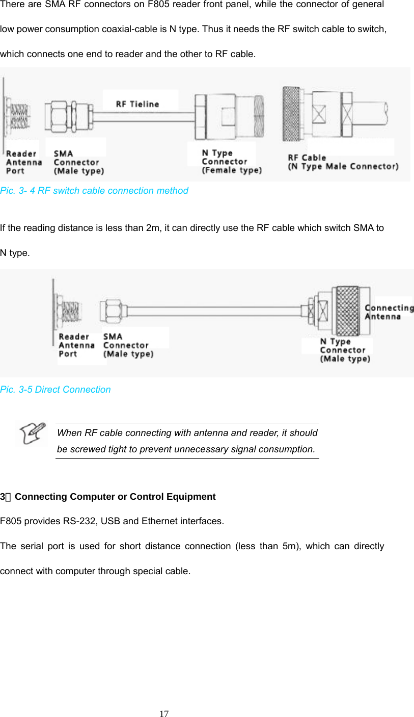  17  There are SMA RF connectors on F805 reader front panel, while the connector of general low power consumption coaxial-cable is N type. Thus it needs the RF switch cable to switch, which connects one end to reader and the other to RF cable.    Pic. 3- 4 RF switch cable connection method  If the reading distance is less than 2m, it can directly use the RF cable which switch SMA to N type.    Pic. 3-5 Direct Connection  When RF cable connecting with antenna and reader, it should be screwed tight to prevent unnecessary signal consumption.    3．Connecting Computer or Control Equipment F805 provides RS-232, USB and Ethernet interfaces.   The serial port is used for short distance connection (less than 5m), which can directly connect with computer through special cable.   