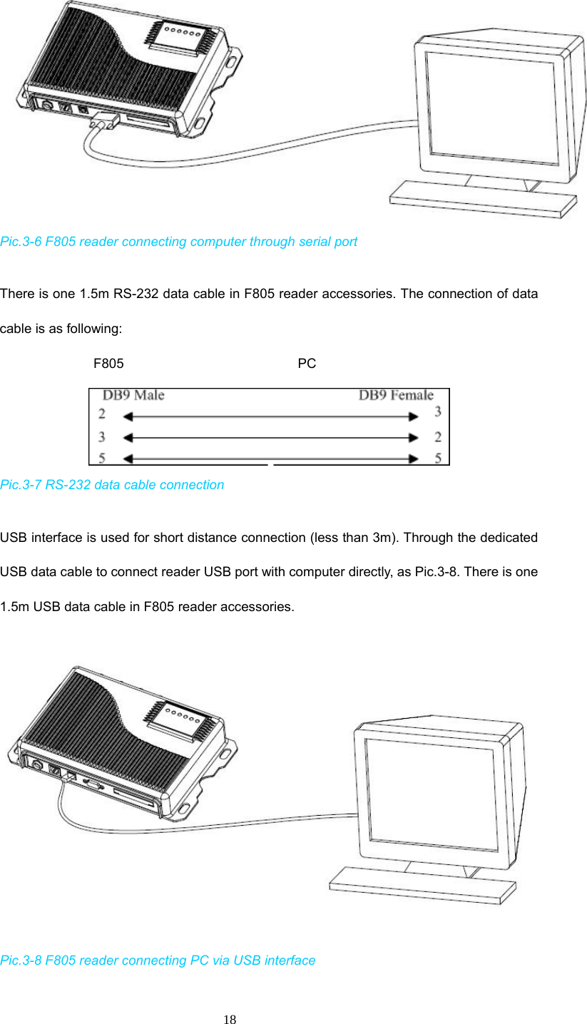  18  Pic.3-6 F805 reader connecting computer through serial port    There is one 1.5m RS-232 data cable in F805 reader accessories. The connection of data cable is as following:                 F805                          PC      Pic.3-7 RS-232 data cable connection    USB interface is used for short distance connection (less than 3m). Through the dedicated USB data cable to connect reader USB port with computer directly, as Pic.3-8. There is one 1.5m USB data cable in F805 reader accessories.    Pic.3-8 F805 reader connecting PC via USB interface  