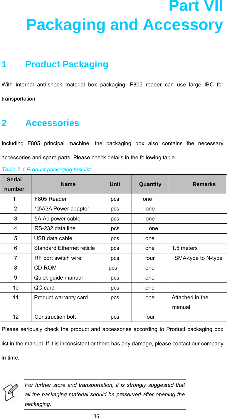  36  Part VII       Packaging and Accessory  1   Product Packaging  With internal anti-shock material box packaging, F805 reader can use large IBC for transportation 2    Accessories  Including F805 principal machine, the packaging box also contains the necessary accessories and spare parts. Please check details in the following table.   Table 7-1 Product packaging box list Serial number  Name  Unit  Quantity  Remarks 1 F805 Reader  pcs  one   2  12V/3A Power adaptor  pcs  one   3  5A Ac power cable  pcs  one   4  RS-232 data line  pcs  one   5  USB data cable  pcs  one   6  Standard Ethernet reticle pcs    one  1.5 meters 7  RF port switch wire  pcs  four    SMA-type to N-type 8 CD-ROM   pcs  one   9  Quick guide manual  pcs  one   10 QC card  pcs  one   11  Product warranty card  pcs  one  Attached in the manual 12 Construction bolt  pcs  four   Please seriously check the product and accessories according to Product packaging box list in the manual. If it is inconsistent or there has any damage, please contact our company in time.  For further store and transportation, it is strongly suggested that all the packaging material should be preserved after opening the packaging.