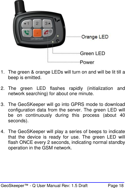  GeoSkeeper™ - Q User Manual Rev: 1.5 Draft  Page 18   1.  The green &amp; orange LEDs will turn on and will be lit till a beep is emitted.  2.  The  green  LED  flashes  rapidly  (initialization  and network searching) for about one minute.  3.  The GeoSKeeper will go into GPRS mode to download configuration data from the server. The green LED will be  on  continuously  during  this  process  (about  40 seconds).  4.  The GeoSKeeper will play a series of beeps to indicate that  the  device  is  ready  for  use.  The  green  LED  will flash ONCE every 2 seconds, indicating normal standby operation in the GSM network.   