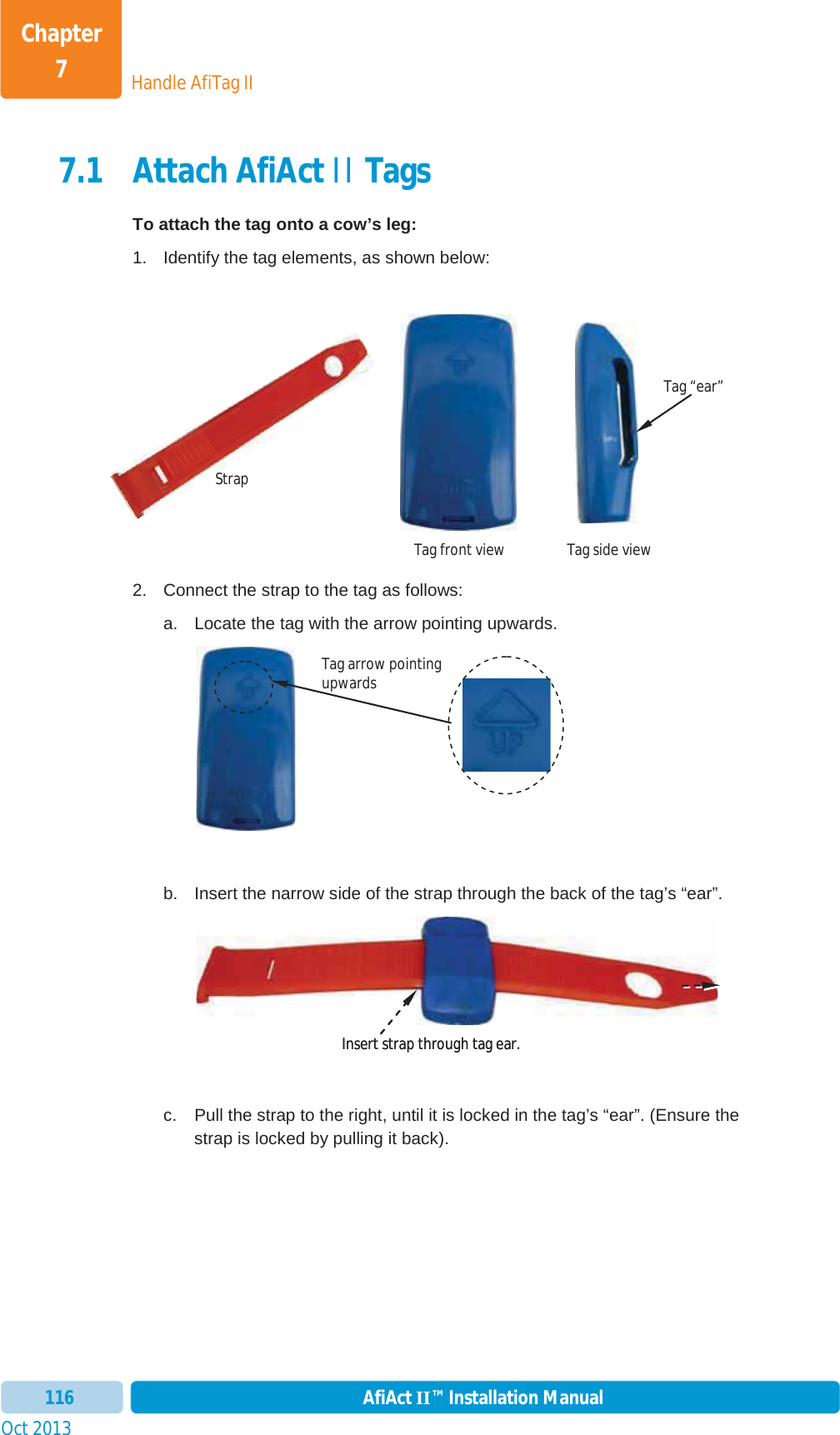 Handle AfiTag IIChapter 7Oct 2013 AfiAct II™ Installation Manual1167.1 Attach AfiAct II Tags To attach the tag onto a cow’s leg: 1.  Identify the tag elements, as shown below: 2.  Connect the strap to the tag as follows: a.  Locate the tag with the arrow pointing upwards. b.  Insert the narrow side of the strap through the back of the tag’s “ear”. c.  Pull the strap to the right, until it is locked in the tag’s “ear”. (Ensure the strap is locked by pulling it back). Tag arrow pointing upwards Tag “ear” Tag front view Insert strap through tag ear. StrapTag side view Insert strap through tag ear. 