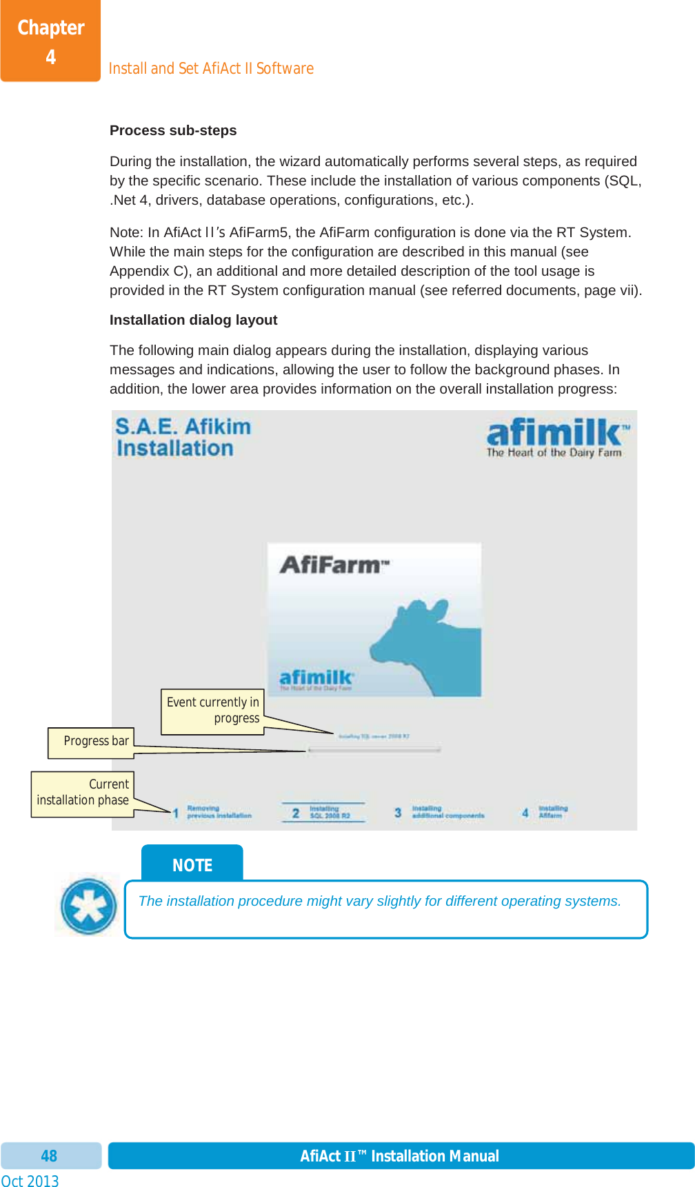 Install and Set AfiAct II SoftwareChapter 4Oct 2013 AfiAct II™ Installation Manual48Process sub-steps During the installation, the wizard automatically performs several steps, as required by the specific scenario. These include the installation of various components (SQL, .Net 4, drivers, database operations, configurations, etc.). Note: In AfiAct II’s AfiFarm5, the AfiFarm configuration is done via the RT System. While the main steps for the configuration are described in this manual (see Appendix C), an additional and more detailed description of the tool usage is provided in the RT System configuration manual (see referred documents, page vii). Installation dialog layout The following main dialog appears during the installation, displaying various messages and indications, allowing the user to follow the background phases. In addition, the lower area provides information on the overall installation progress: NOTE The installation procedure might vary slightly for different operating systems. Event currently in progress Progress bar Current installation phase 