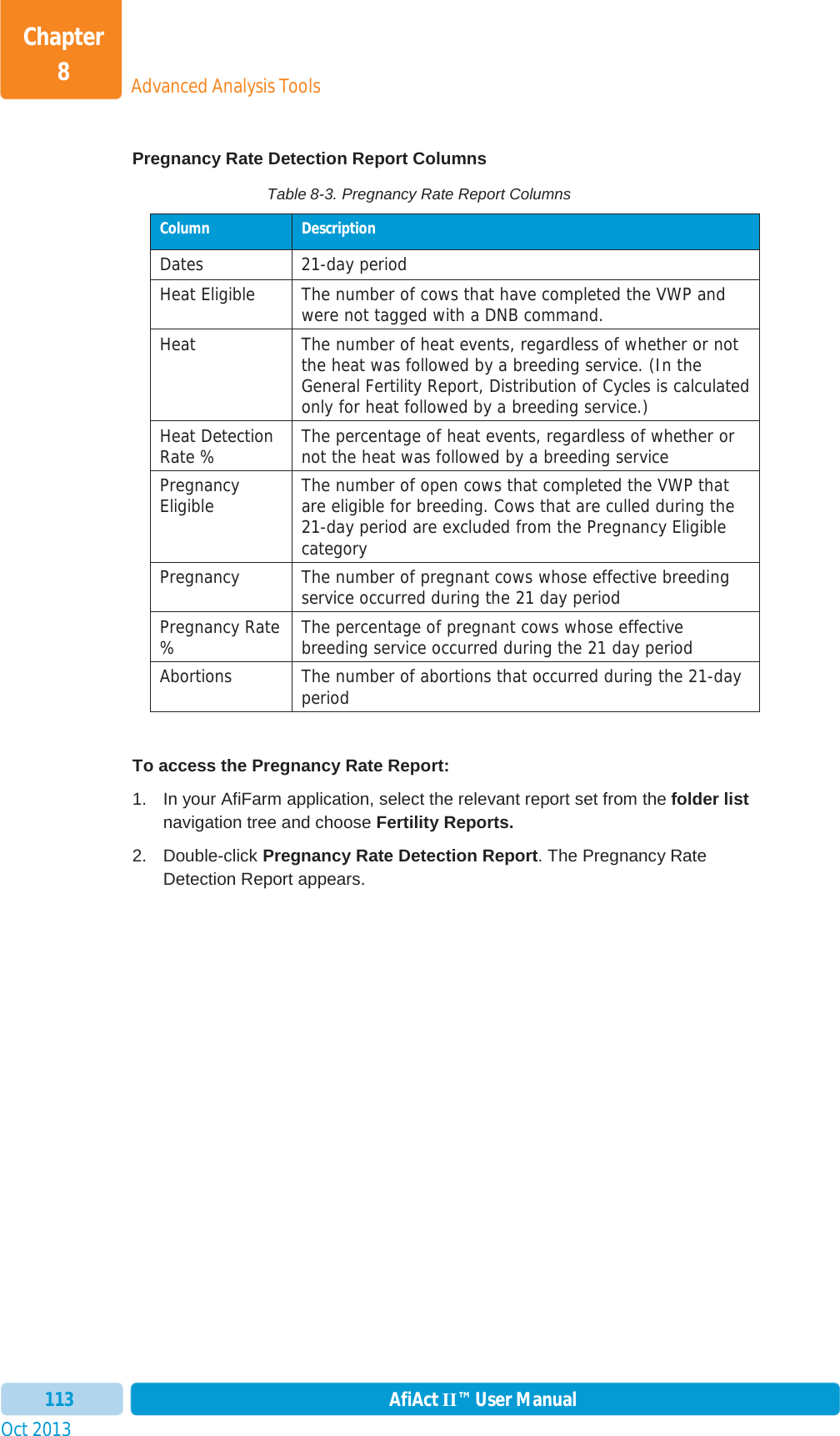 Oct 2013 AfiAct II™ User Manual113Advanced Analysis ToolsChapter 8Pregnancy Rate Detection Report Columns  Table 8-3. Pregnancy Rate Report Columns Column  Description Dates 21-day period Heat Eligible  The number of cows that have completed the VWP and were not tagged with a DNB command. Heat  The number of heat events, regardless of whether or not the heat was followed by a breeding service. (In the General Fertility Report, Distribution of Cycles is calculated only for heat followed by a breeding service.) Heat Detection Rate %  The percentage of heat events, regardless of whether or not the heat was followed by a breeding service Pregnancy Eligible The number of open cows that completed the VWP that are eligible for breeding. Cows that are culled during the 21-day period are excluded from the Pregnancy Eligible category Pregnancy  The number of pregnant cows whose effective breeding service occurred during the 21 day period Pregnancy Rate %The percentage of pregnant cows whose effective breeding service occurred during the 21 day period Abortions  The number of abortions that occurred during the 21-day periodTo access the Pregnancy Rate Report: 1.  In your AfiFarm application, select the relevant report set from the folder listnavigation tree and choose Fertility Reports.  2. Double-click Pregnancy Rate Detection Report. The Pregnancy Rate Detection Report appears. 