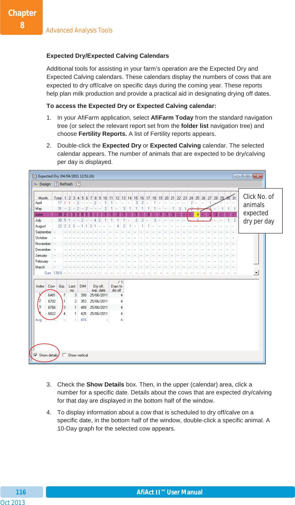 Oct 2013 AfiAct II™ User Manual116Advanced Analysis ToolsChapter 8Expected Dry/Expected Calving Calendars Additional tools for assisting in your farm’s operation are the Expected Dry and Expected Calving calendars. These calendars display the numbers of cows that are expected to dry off/calve on specific days during the coming year. These reports help plan milk production and provide a practical aid in designating drying off dates.  To access the Expected Dry or Expected Calving calendar: 1.  In your AfiFarm application, select AfiFarm Today from the standard navigation tree (or select the relevant report set from the folder list navigation tree) and choose Fertility Reports. A list of Fertility reports appears. 2. Double-click the Expected Dry or Expected Calving calendar. The selected calendar appears. The number of animals that are expected to be dry/calving per day is displayed. 3. Check the Show Details box. Then, in the upper (calendar) area, click a number for a specific date. Details about the cows that are expected dry/calving for that day are displayed in the bottom half of the window. 4.  To display information about a cow that is scheduled to dry off/calve on a specific date, in the bottom half of the window, double-click a specific animal. A 10-Day graph for the selected cow appears.  Click No. of animals expected dry per day 