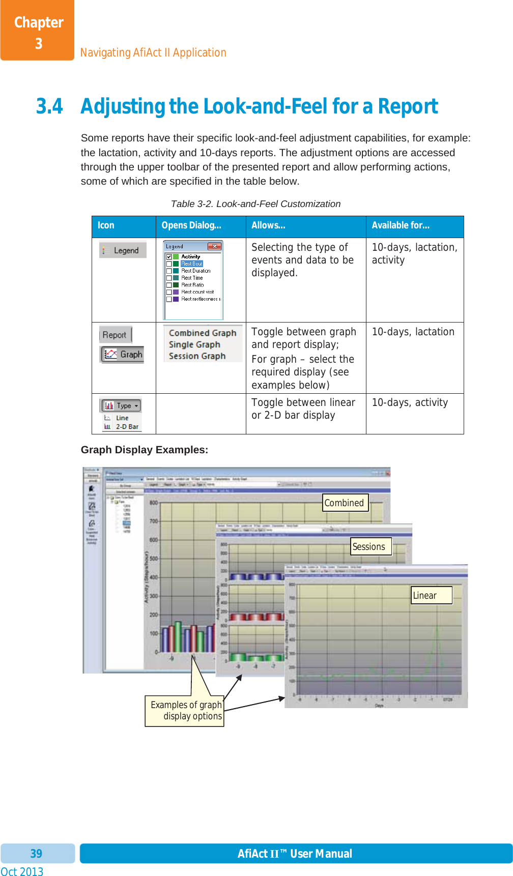 Oct 2013 AfiAct II™ User Manual39Navigating AfiAct II ApplicationChapter 33.4 Adjusting the Look-and-Feel for a Report Some reports have their specific look-and-feel adjustment capabilities, for example: the lactation, activity and 10-days reports. The adjustment options are accessed through the upper toolbar of the presented report and allow performing actions, some of which are specified in the table below. Table 3-2. Look-and-Feel Customization Icon  Opens Dialog…  Allows…  Available for… Selecting the type of events and data to be displayed. 10-days, lactation, activity Toggle between graph and report display; For graph – select the required display (see examples below)10-days, lactation Toggle between linear or 2-D bar display  10-days, activity Graph Display Examples: Examples of graph display options Sessions Linear Combined 