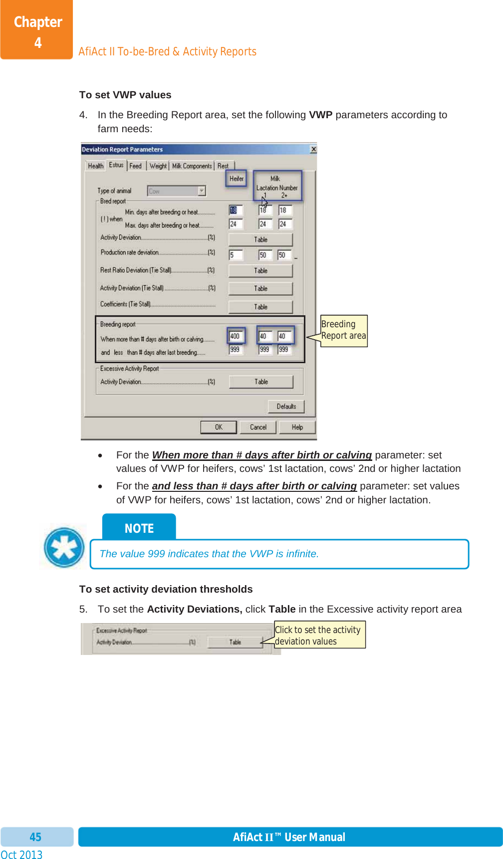 Oct 2013 AfiAct II™ User Manual45AfiAct II To-be-Bred &amp; Activity ReportsChapter 4To set VWP values 4.  In the Breeding Report area, set the following VWP parameters according to farm needs:  x For the When more than # days after birth or calving parameter: set values of VWP for heifers, cows’ 1st lactation, cows’ 2nd or higher lactationx For the and less than # days after birth or calving parameter: set values of VWP for heifers, cows’ 1st lactation, cows’ 2nd or higher lactation.To set activity deviation thresholds 5.  To set the Activity Deviations, click Table in the Excessive activity report area NOTE The value 999 indicates that the VWP is infinite. Breeding Report area Click to set the activity deviation values 