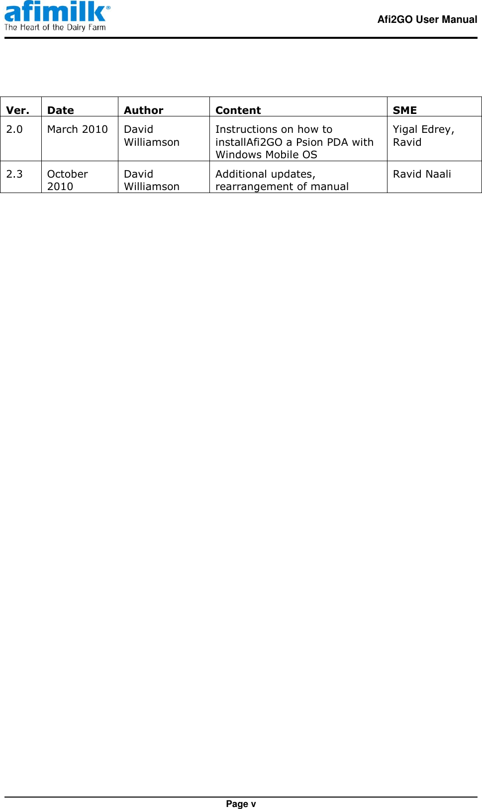   Afi2GO User Manual   Page v  Ver. Date Author Content SME 2.0 March 2010 David Williamson Instructions on how to installAfi2GO a Psion PDA with Windows Mobile OS  Yigal Edrey, Ravid 2.3 October 2010 David Williamson Additional updates, rearrangement of manual Ravid Naali   