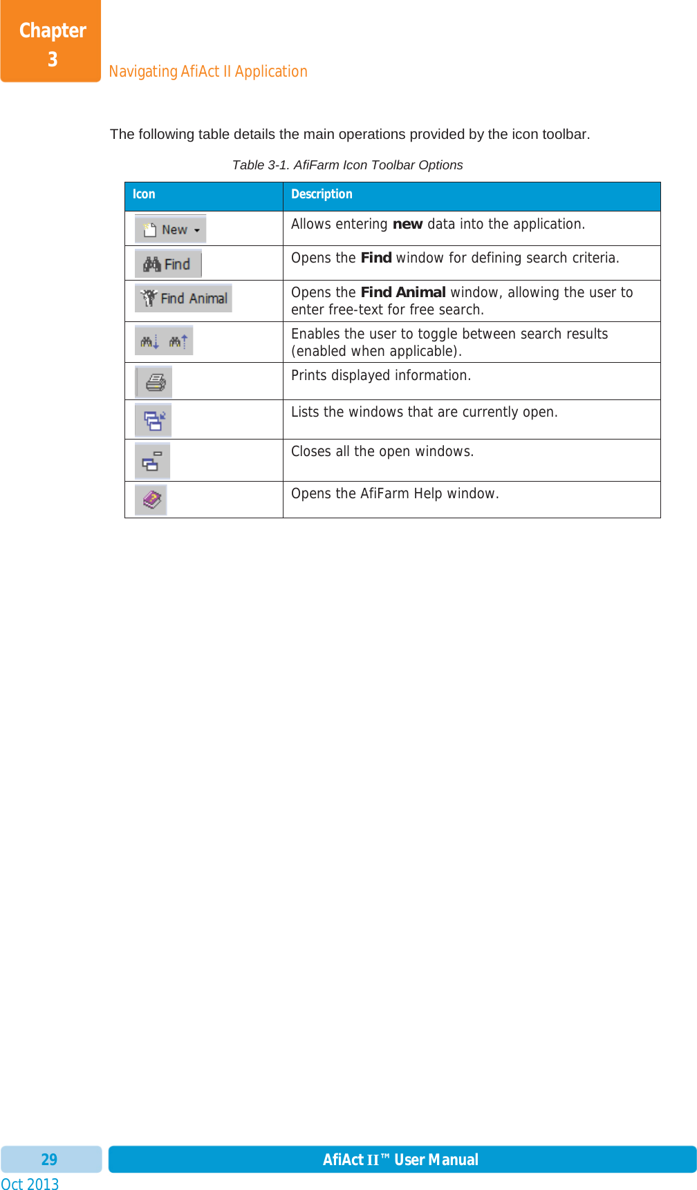 Oct 2013 AfiAct II™ User Manual29Navigating AfiAct II ApplicationChapter 3The following table details the main operations provided by the icon toolbar. Table 3-1. AfiFarm Icon Toolbar Options Icon  Description Allows entering new data into the application.Opens the Find window for defining search criteria.Opens the Find Animal window, allowing the user to enter free-text for free search. Enables the user to toggle between search results (enabled when applicable). Prints displayed information. Lists the windows that are currently open. Closes all the open windows. Opens the AfiFarm Help window. 