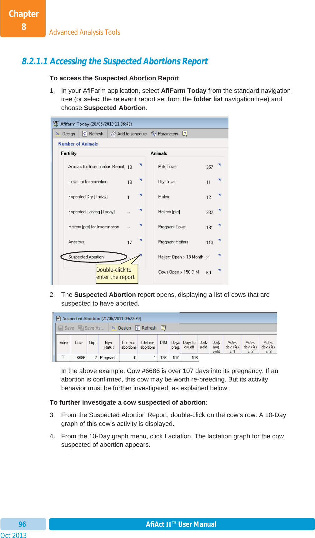 Oct 2013 AfiAct II™ User Manual96Advanced Analysis ToolsChapter 88.2.1.1 Accessing the Suspected Abortions Report To access the Suspected Abortion Report  1.  In your AfiFarm application, select AfiFarm Today from the standard navigation tree (or select the relevant report set from the folder list navigation tree) and choose Suspected Abortion.2. The Suspected Abortion report opens, displaying a list of cows that are suspected to have aborted. In the above example, Cow #6686 is over 107 days into its pregnancy. If an abortion is confirmed, this cow may be worth re-breeding. But its activity behavior must be further investigated, as explained below. To further investigate a cow suspected of abortion: 3.  From the Suspected Abortion Report, double-click on the cow’s row. A 10-Day graph of this cow’s activity is displayed.  4.  From the 10-Day graph menu, click Lactation. The lactation graph for the cow suspected of abortion appears. Double-click to enter the report 