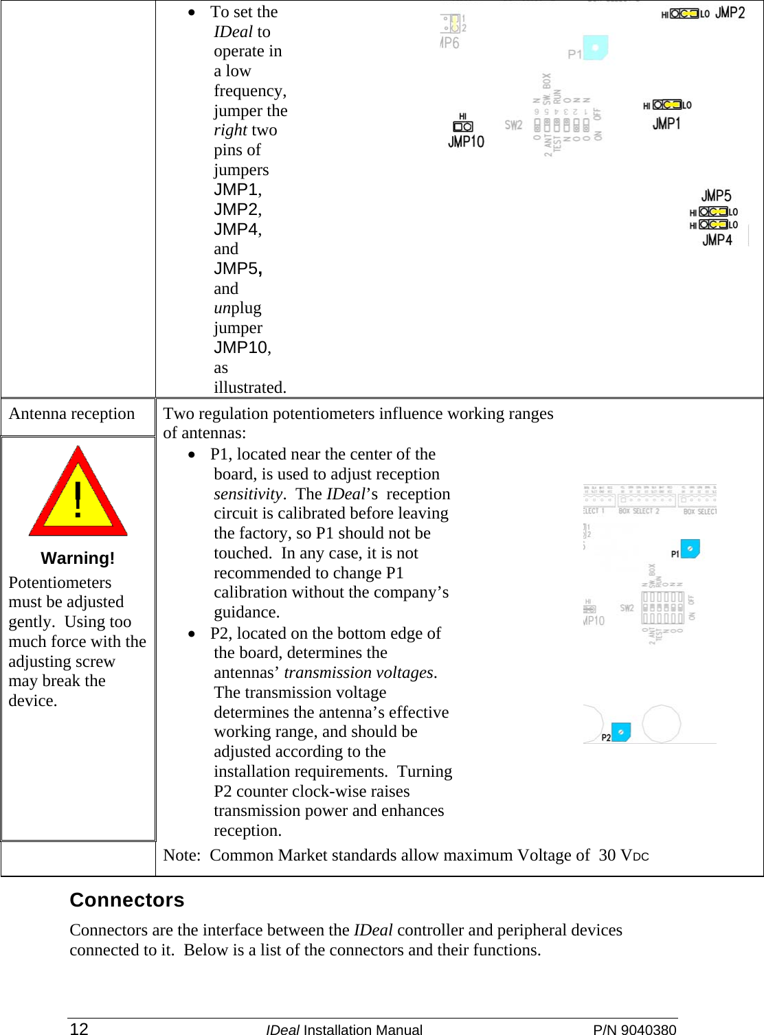 12 IDeal Installation Manual  P/N 9040380  • To set the IDeal to operate in a low frequency, jumper the right two pins of jumpers JMP1, JMP2, JMP4, and JMP5, and unplug jumper JMP10, as illustrated.  Antenna reception  Warning! Potentiometers must be adjusted gently.  Using too much force with the adjusting screw may break the device. Two regulation potentiometers influence working ranges of antennas: • P1, located near the center of the board, is used to adjust reception sensitivity.  The IDeal’s  reception circuit is calibrated before leaving the factory, so P1 should not be touched.  In any case, it is not recommended to change P1 calibration without the company’s guidance. • P2, located on the bottom edge of the board, determines the antennas’ transmission voltages.  The transmission voltage determines the antenna’s effective working range, and should be adjusted according to the installation requirements.  Turning P2 counter clock-wise raises transmission power and enhances reception.     Note:  Common Market standards allow maximum Voltage of  30 VDC  Connectors Connectors are the interface between the IDeal controller and peripheral devices connected to it.  Below is a list of the connectors and their functions. 