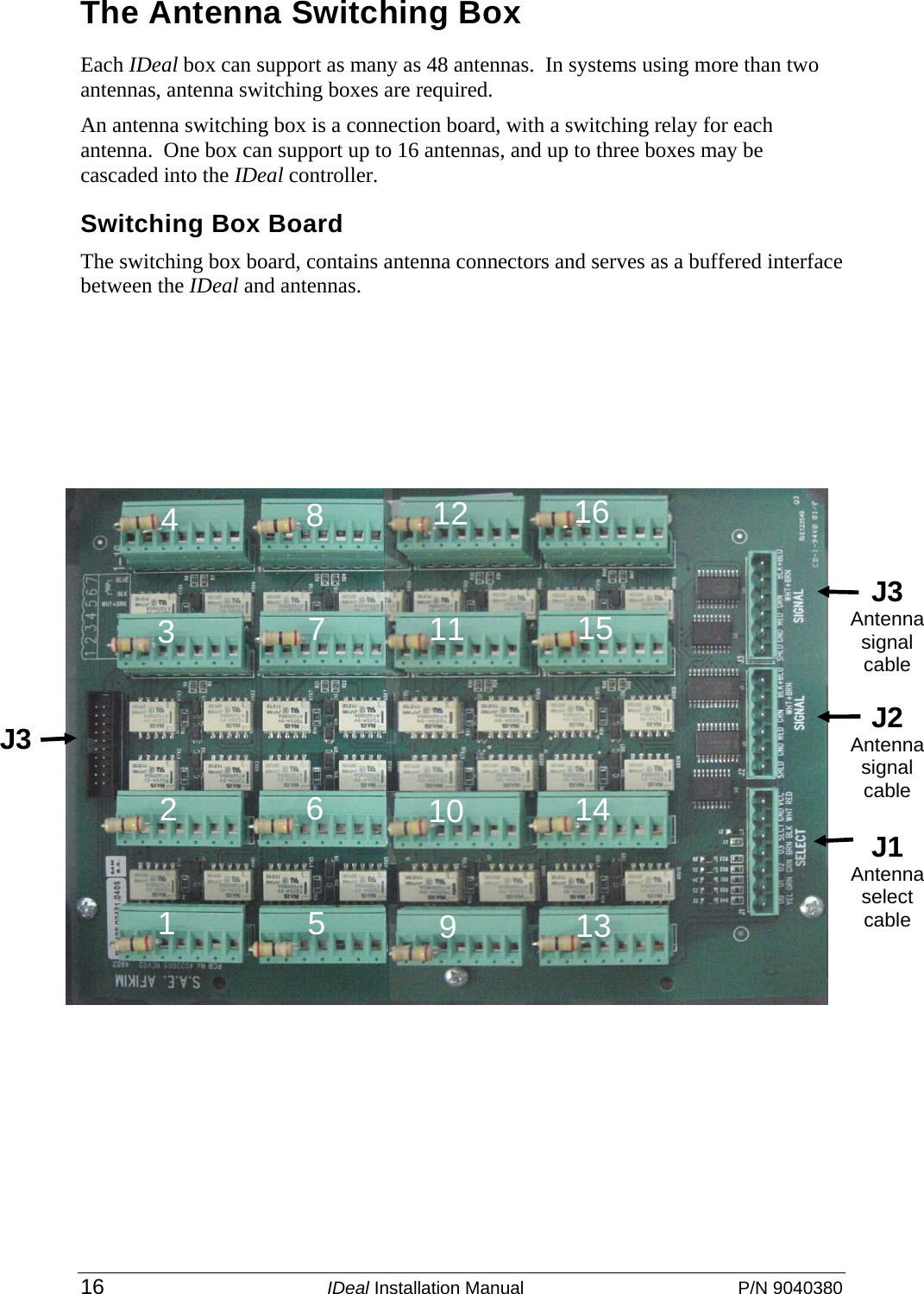 16 IDeal Installation Manual  P/N 9040380 The Antenna Switching Box Each IDeal box can support as many as 48 antennas.  In systems using more than two antennas, antenna switching boxes are required.  An antenna switching box is a connection board, with a switching relay for each antenna.  One box can support up to 16 antennas, and up to three boxes may be cascaded into the IDeal controller. Switching Box Board The switching box board, contains antenna connectors and serves as a buffered interface between the IDeal and antennas.            PCB of Switching Box              J1 Antenna select cable 1  J3 2  4  3  5  6  7  8  9 10 11 12 13 14 1516 J2 Antenna  signal  cable J3 Antenna  signal  cable 