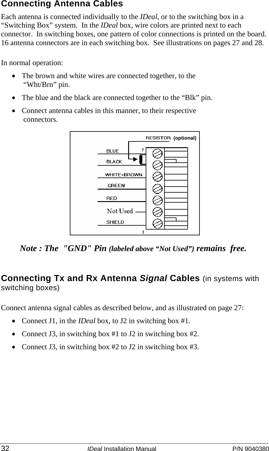  32 IDeal Installation Manual  P/N 9040380 Connecting Antenna Cables  Each antenna is connected individually to the IDeal, or to the switching box in a “Switching Box” system.  In the IDeal box, wire colors are printed next to each connector.  In switching boxes, one pattern of color connections is printed on the board.  16 antenna connectors are in each switching box.  See illustrations on pages 27 and 28. In normal operation: • The brown and white wires are connected together, to the “Wht/Brn” pin.  • The blue and the black are connected together to the “Blk” pin.   • Connect antenna cables in this manner, to their respective connectors.  Note : The  &quot;GND&quot; Pin (labeled above “Not Used”) remains  free.  Connecting Tx and Rx Antenna Signal Cables (in systems with switching boxes) Connect antenna signal cables as described below, and as illustrated on page 27: • Connect J1, in the IDeal box, to J2 in switching box #1. • Connect J3, in switching box #1 to J2 in switching box #2. • Connect J3, in switching box #2 to J2 in switching box #3.   (optional) 