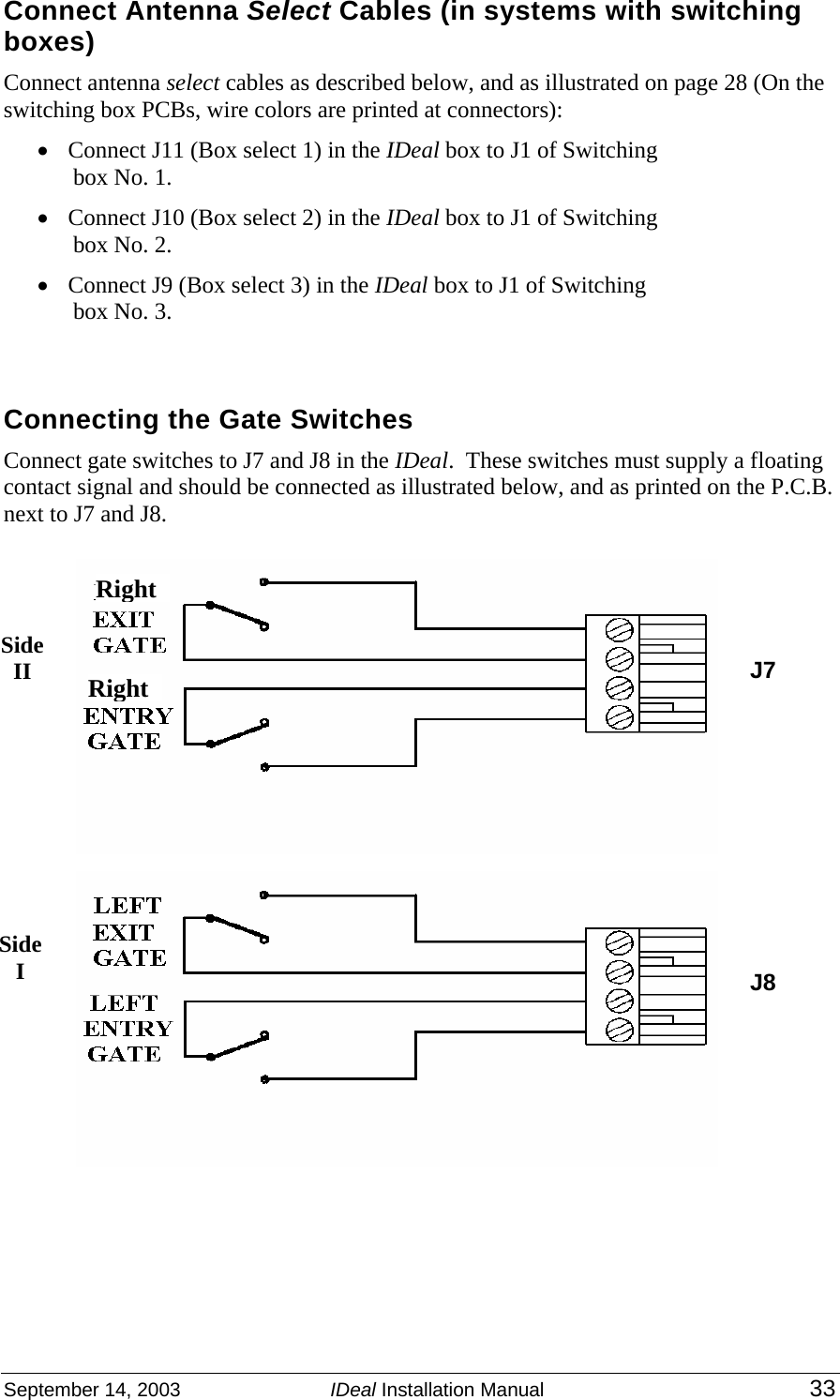  September 14, 2003  IDeal Installation Manual 33 Connect Antenna Select Cables (in systems with switching boxes) Connect antenna select cables as described below, and as illustrated on page 28 (On the switching box PCBs, wire colors are printed at connectors): • Connect J11 (Box select 1) in the IDeal box to J1 of Switching box No. 1. • Connect J10 (Box select 2) in the IDeal box to J1 of Switching box No. 2. • Connect J9 (Box select 3) in the IDeal box to J1 of Switching box No. 3.  Connecting the Gate Switches  Connect gate switches to J7 and J8 in the IDeal.  These switches must supply a floating contact signal and should be connected as illustrated below, and as printed on the P.C.B. next to J7 and J8.      J8 J7 RightRight Side II Side I 