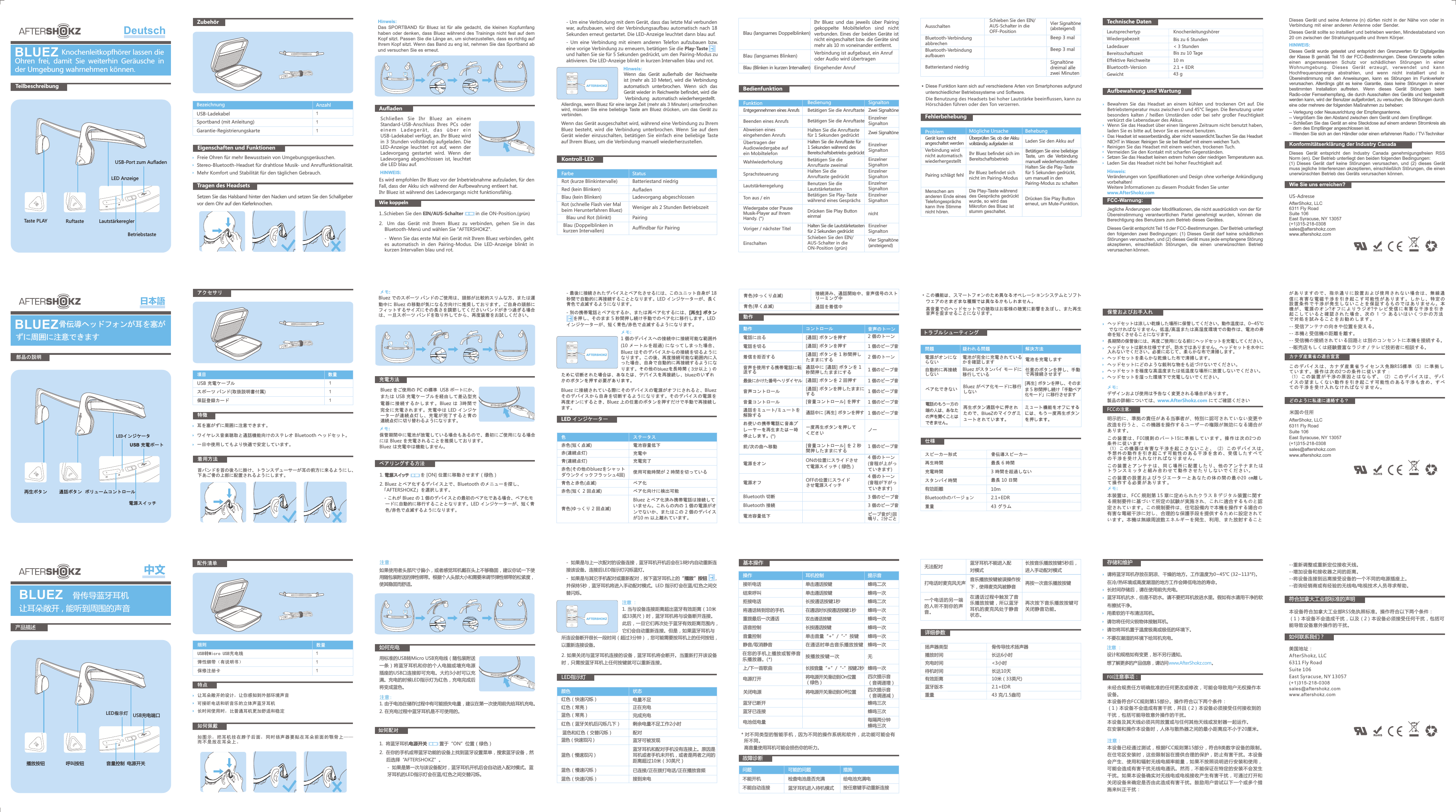 Blau (langsames Doppelblinken)Blau  (langsames  Blinken)Ihr  Bluez  und  das  jeweils  über  Pairing gekoppelte  Mobiltelefon  sind  nicht verbunden.  Eines  der  beiden  Geräte  ist nicht  eingeschaltet  bzw.  die  Geräte  sind mehr  als  10  m  voneinander  entfernt.Verbindung  ist  aufgebaut,  ein  Anruf oder  Audio  wird  übertragenBlau (Blinken in kurzen Intervallen) Eingehender  AnrufZubehörBezeichnungUSB-LadekabelSportband  (mit  Anleitung)Garantie-RegistrierungskarteEigenschaften  und  FunktionenStereo-Bluetooth-Headset  für  drahtlose  Musik-  und  Anruffunktionalität.Mehr  Komfort  und  Stabilität  für  den  täglichen  Gebrauch.Freie  Ohren  für  mehr  Bewusstsein  von  Umgebungsgeräuschen.Tragen  des  HeadsetsSetzen Sie das Halsband hinter den Nacken und setzen Sie den Schallgeber vor dem Ohr auf den Kieferknochen.AnzahlHinweis: HINWEIS:   Das  SPORTBAND  für  Bluez  ist  für  alle  gedacht,  die  kleinen  Kopfumfang haben  oder  denk en,  dass  Bluez  während  des  Trainings  nicht  fest  auf  dem Kopf  sitzt.  Passen  Sie  die  Länge  an,  um  sicherzustellen,  dass  es  richtig  auf Ihrem  Kopf  sitzt.  Wenn  das  Band  zu  eng  ist,  nehmen  Sie  das  Sportband  ab und  versuchen  Sie  es  erneut.AufladenSchließen Sie Ihr Bluez an einem Standard-USB-Anschluss  Ihres  PCs  oder einem Ladegerät, das über ein USB-Ladekabel  verfügt,  an.  Ihr  Bluez  wird in  3  Stunden  vollständig  aufgeladen.  Die LED-Anzeige  leuchtet  rot  auf,  wenn  der Ladevorgang  gestartet  wird.  Wenn  der Ladevorgang  abgeschlossen  ist,  leuchtet die  LED  blau  auf. Es  wird  empfohlen  Ihr  Bluez vor  der  Inbetriebnahme aufzuladen,  für  den Fall,  dass  der  Akku sich  während  der  Aufbewahrung  entleert  hat.Ihr  Bluez  ist  während  des  Ladevorgangs  nicht  funktionsfähig.Wie  koppeln1..Schieben  Sie  den  EIN/AUS-Schalter                  in  die  ON-Position.(grün)-    Wenn  Sie  das  erste  Mal  ein  Gerät  mit  Ihrem  Bluez  verbinden,  geht es  automatisch  in  den  Pairing-Modus.  Die  LED-Anzeige  blinkt  in kurzen  Intervallen  blau  und  rot.2.      Um    das    Gerät    mit    Ihrem    Bluez    zu    verbinden,    gehen    Sie  in    das         Bluetooth-Menü  und  wählen  Sie  &quot;AFTERSHOKZ&quot;.  BLUEZ Teilbeschreibung                        Knochenleitkopfhörer lassen die Ohren frei, damit Sie weiterhin Geräusche in der Umgebung wahrnehmen können.RuftasteBetriebstasteUSB-Port  zum  AufladenTaste  PLAY  Lautstärkeregler LED  AnzeigeFehlerbehebungProblem Mögliche  Ursache  BehebungÜberprüfen Sie, ob der Akku vollständig aufgeladen ist Laden  Sie  den  Akku  auf Gerät kann nicht angeschaltet werdenAusschaltenSchieben  Sie  den  EIN/AUS-Schalter  in  die OFF-Position Vier Signaltöne (absteigend)Bluetooth-Verbindung abbrechenBluetooth-Verbindung aufbauenBatteriestand  niedrigBeep  3  malBeep  3  malSignaltöne dreimal  alle zwei  MinutenBedienfunktionVoriger  /  nächster  Titel Halten Sie die Lautstärketasten für  2  Sekunden gedrücktEinzelner SignaltonEinschaltenSchieben  Sie  den  EIN/AUS-Schalter  in  die ON-Position  (grün)Vier Signaltöne (ansteigend)Entgegennehmen eines  Anrufs Betätigen  Sie  die  Anruftaste Zwei SignaltöneFunktion Bedienung SignaltonBeenden  eines  Anrufs Betätigen  Sie  die  Anruftaste Einzelner SignaltonAbweisen  eines eingehenden  Anrufs Halten  Sie  die  Anruftaste für  1  Sekunden  gedrückt Zwei SignaltöneÜbertragen  derAudiowiedergabe  auf ein  MobiltelefonHalten Sie die Anruftaste für 1  Sekunden während des Bereitschaftsbetriebs gedrücktEinzelner SignaltonWahlwiederholung Betätigen  Sie  die Anruftaste  zweimalEinzelner SignaltonSprachsteuerung  Halten  Sie  die Anruftaste  gedrücktEinzelner SignaltonLautstärkeregelung Benutzen  Sie  die LautstärketastenEinzelner SignaltonEinzelner SignaltonBetätigen  Sie  Play-Taste während  eines  GesprächsTon  aus  /  einWiedergabe  oder  Pause Musik-Player  auf  Ihrem Handy.  (*)Drücken  Sie  Play  Button einmal nicht  Diese  Funktion  kann  sich  auf  verschiedene  Arten  von  Smartphones  aufgrund   unterschiedlicher  Betriebssysteme  und  Software.*Aufbewahrung  und  WartungDie Benutzung des Headsets bei hoher Lautstärke beeinflussen, kann zu Hörschäden führen oder den Ton  verzer ren.Technische  DatenLautsprechertypWiedergabezeit Ladedauer Bereitsschaftszeit Effektive  ReichweiteBluetooth-VersionGewichtKnochenleitungshörerBis  zu  6  Stunden &lt;  3  StundenBis  zu  10  Tage10  m2.1  +  EDR 43  gVerbindung  wird nicht  automatisch wiederhergestelltIhr Bluez befindet sich im BereitschaftsbetriebBetätigen Sie eine beliebige Tas te ,     um    die    Verbindung manuell wiederherzustellenPairing  schlägt  fehl Ihr  Bluez  befindet  sich nicht  im  Pairing-ModusHalten Sie die Play-Taste für  5  Sekunden gedrückt, um manuell in den Pairing-Modus zu schaltenWenn  Sie  das  Headset  über  einen  längeren  Zeitraum  nicht  benutzt  haben, laden  Sie  es  bitte  auf,  bevor  Sie  es  erneut  benutzen.Das Headset ist wasserbeständig, aber nicht wasserdicht.Tauchen Sie das Headset NICHT in Wasser. Reinigen Sie sie bei Bedarf mit einem weichen Tuch.  Reinigen  Sie  das  Headset  mit  einem  weichen,  trockenen  Tuch. Vermeiden  Sie  den  Kontakt  mit  scharfen  Gegenständen.Setzen Sie das Headset keinen extrem hohen oder niedrigen Temperaturen aus.   Laden  Sie  das  Headset  nicht  bei  hoher  Feuchtigkeit  auf.Hinweis:Veränderungen von Spezifikationen und Design ohne vorherige Ankündigung vorbehalten! Weitere  Informationen  zu  diesem  Produkt  finden  Sie  unter   www.AfterShokz.comBewahren  Sie  das  Headset  an  einem  kühlen  und  trockenen  Ort  auf.  Die Betriebstemperatur  muss  zwischen  0  und  45°C  liegen.  Die  Benutzung  unter besonders  kalten  /  heißen  Umständen  oder  bei  sehr  großer  Feuchtigkeit verkürzt  die  Lebensdauer  des  Akkus.Menschen  am anderen  Ende  eines Telefongesprächs kann  Ihre  Stimme nicht  hören.Die  Play-Taste  während des  Gesprächs  gedrückt wurde,  so  wird  das Mikrofon  des  Bluez  ist stumm  geschaltet.Drücken  Sie  Play  Button erneut,  um  Mute-Funktion.-  Um  eine  Verbindung  mit  dem  Gerät,  dass  das  letzte  Mal  verbunden war,  aufzubauen,  wird  der  Verbindungsaufbau  automatisch  nach  18 Sekunden  erneut  gestartet.  Die  LED-Anzeige  leuchtet  dann  blau  auf.Hinweis: -  Um  eine  Verbindung  mit  einem  anderen  Telefon  aufzubauen  bzw. eine  vorige Verbindung  zu  erneuern,  betätigen  Sie  die  Play-Taste                       und  halten  Sie  sie  für  5  Sekunden  gedrückt,  um  den  Pairing-Modus  zu aktivieren.  Die  LED-Anzeige  blinkt in  kurzen  Intervallen  blau und rot.1Wenn das Gerät außerhalb der Reichweite ist (mehr als 10 Meter), wird die Verbindung automatisch unterbrochen. Wenn sich das Gerät wieder in Reichweite befindet, wird die Verbindung  automatisch wiederhergestellt. Wenn  das  Gerät  ausgeschaltet  wird,  während  eine  Verbindung  zu  Ihrem Bluez  besteht,  wird  die  Verbindung  unterbrochen.  Wenn  Sie  auf  dem Gerät  wieder  einzuschalten,  betätigen  Sie  einfach  eine  beliebige  Taste auf  Ihrem  Bluez,  um  die  Verbindung  manuell  wiederherzustellen.Kontroll-LED Blau  und  Rot  (blinkt)Blau  (Doppelblinken  in kurzen  Intervallen)Batteriestand  niedrigAufladenLadevorgang  abgeschlossen Weniger  als  2  Stunden  BetriebszeitPairingAuffindbar  für  PairingRot  (kurze  Blinkintervalle)Red  (kein  Blinken)Blau  (kein  Blinken)Rot (schnelle  Flash  vier  Mal beim  Herunterfahren  Bluez)Farbe Status GeneralBluetoothBluetoothONDevicesAFTERSHOKZConnected.............. .............. AFTERSHOKZAllerdings,  wenn  Bluez  für  eine  lange  Zeit  (mehr  als  3  Minuten)  unterbrochen wird,  müssen  Sie  eine  beliebige  Taste  am  Bluez  drücken,  um  das  Gerät  zu verbinden.LRアクセサリ項目USB  充電ケーブルスポーツ バンド(取扱説明書付属)保証登録カード特徴ワイヤレス音楽聴取と通話機能向けのステレオ  Bluetooth  ヘッドセット。一日中使用してもより快適で安定しています。耳を塞がずに周囲に注意できます。着用方法首バンドを首の後ろに掛け、トランスデューサーが耳の前方に来るようにし、下あご骨の上部に配置されるようにします。数量-  最後に接続されたデバイスとペア化させるには、このユニット自身が  18 秒間で自動的に再接続することとなります。LED  インジケーターが、長く青色で点滅するようになります。メモ:   -  別の携帯電話とペア化するか、または再ペア化するには、[再生]  ボタン      を押し、そのまま  5  秒間押し続け手動でのペア化に移行します。LED インジケーターが、短く青色/赤色で点滅するようになります。[再生]  ボタン1  個のデバイスへの接続中に接続可能な範囲外 (10  メートルを超過)  になってしまった場合、Bluez  はそのデバイスからの接続を切るようになります。この後、再度接続可能な範囲内に入った場合、自身で自動的に再接続するようになります。その他のbluezを長時間（3分以上）の Bluez  に接続されている際にそのデバイスの電源がオフにされると、Bluez そのデバイスから自身を切断するようになります。そのデバイスの電源を再度オンにするとき、Bluez  上の任意のボタンを押すだけで手動で再接続します。LED  インジケーター青色(ゆっくり点滅)青色(早く点滅)接続済み、通話開始中、音声信号のストリーミング中通話を着信中色ステータス赤色(短く点滅)赤(連続点灯)青(連続点灯)赤色(その他のbluezをシャットダウンクイックフラッシュ4回)青色と赤色(点滅)赤色(短く  2  回点滅)青色(ゆっくり  2  回点滅)電池容量低下充電中充電完了使用可能時間が  2  時間を切っているペア化ペア化向けに検出可能Bluez  とペア化済み携帯電話は接続していません。これらの内の  1  個の電源がオンでないか、またはこの  2  個のデバイスが10  m  以上離れています。GeneralBluetoothBluetoothONDevicesAFTERSHOKZConnected.............. .............. AFTERSHOKZメモ: メモ:Bluez  でのスポーツ バンドのご使用は、頭部が比較的スリムな方、または運動中に  Bluez  の移動が気になる方向けに推奨しております。ご自身の頭部にフィットするサイズにその長さを調節してくださいバンドがきつ過ぎる場合は、一旦スポーツ バンドを取り外してから、再度装着をお試しください。充電方法Bluez をご使用の PC の標準  USB ポートにか、または USB 充電ケーブルを経由して差込型充電器に接続するかします。Bluez は  3時間で完全に充電されます。充電中は  LED  インジケーターが連続点灯し、充電が完了すると青の連続点灯に切り替わるようになります。保管期間中に電池が放電している場合もあるので、最初にご使用になる場合には  Bluez  を充電されることを推奨しております。Bluez  は充電中は機能しません。ペアリングする方法1.電源スイッチ                を  [ON]  位置に移動させます（绿色）電源スイッチ             -  これが Bluez の  1  個のデバイスとの最初のペア化である場合、ペア化モ ードに自動的に移行することとなります。LED  インジケーターが、短く青  色/赤色で点滅するようになります。2.  Bluez  とペア化するデバイス上で、Bluetooth  のメニューを探し、  「AFTERSHOKZ」を選択します。 電源スイッチ通話ボタン 再生ボタンUSB  充電ポートBLUEZ                          骨伝導ヘッドフォンが耳を塞が部品の説明 ずに周囲に注意できます ボリュームコントロールLEDインジケータために切断された場合は、あなたは、デバイスを再接続し、bluezのいずれかのボタンを押す必要があります。動作トラブルシューティング問題 疑われる問題 解決方法電源がオンにならない電池が完全に充電されているかを確認します 電池を充電します自動的に再接続しない Bluez  がスタンバイ モードに移行している任意のボタンを押し、手動で再接続させます動作 コントロール 音声のトーン電話に出る電話を切る着信を拒否する音声を使用する携帯電話に転送する[通話]  ボタンを押す[通話]  ボタンを押す通話中に  [通話]  ボタンを  1 秒間押したままにする[通話]  ボタンを  2  回押す2  個のトーン1  個のビープ音2  個のトーン1  個のビープ音最後にかけた番号へリダイヤル音声コントロール音量コントロール[通話]  ボタンを押したままにする[音量コントロール]  を押す通話中に  [再生]  ボタンを押す1  個のビープ音1  個のビープ音1  個のビープ音通話をミュート/ミュートを解除する 1  個のビープ音[通話]  ボタンを  1  秒間押したままにする電源をオン電源オフONの位置にスライドさせて電源スイッチ（绿色）OFFの位置にスライドさせ電源スイッチ前/次の曲へ移動 [音量コントロール]  を  2  秒間押したままにするBluetooth  切断Bluetooth  接続電池容量低下 ビープ音が3回鳴り、2分ごと3  個のビープ音3  個のビープ音4  個のトーン (音程が下がっていきます)4  個のトーン (音程が上がっていきます)1  個のビープ音お使いの携帯電話に音楽プレーヤーを再生または一時停止します。(*)一度再生ボタンを押してください ノー  この機能は、スマートフォンのため異なるオペレーションシステムとソフト  ウェアのさまざまな種類では異なるかもしれません。*メモ: ヘッドセットは涼しい乾燥した場所に保管してください。動作温度は、0~45℃ でなければなりません。低温/高温または高湿度環境での動作は、電池の寿命を短くさせることになります。長期間の保管後には、再度ご使用になる前にヘッドセットを充電してください。ヘッドセットは耐水仕様ですが、防水ではありません。ヘッドセットを水中に入れないでください。必要に応じて、柔らかな布で清掃します。 高音量でのヘッドセットでの聴取はお客様の聴覚に影響を及ぼし、また再生音声を歪ませることになります。ヘッドセットを柔らかな乾燥した布で清掃します。ヘッドセットにどのような鋭利な物をも近づけないでください。ヘッドセットを極度な高温度または低温度な場所に放置しないでください。ヘッドセットを湿った環境下で充電しないでください。保管およびお手入れデザインおよび使用は予告なく変更される場合があります。 製品の詳細については、  にてご確認くださいwww.AfterShokz.com仕様ペア化できない Bluez  がペア化モードに移行しない[再生]  ボタンを押し、そのまま  5  秒間押し続け「手動ペア化モード」に移行させますスピーカー形式再生時間充電時間スタンバイ時間有効距離 Bluetoothのバージョン重量骨伝導スピーカー最長  6  時間3  時間を超過しない最長  10  日間10m2.1+EDR43  グラム電話のもう一方の端の人は、あなたの声を聞くことはできません。再生ボタン通話中に押されたので、BlueZのマイクがミュートされています。ミュート機能をオフにするには、もう一度再生ボタンを押します。LR注意:注意:用标准的USB转Micro  USB充电线（随包装附送一条）将蓝牙耳机和你的个人电脑或墙充电源插座的USB口连接即可充电。大约3小时可以充满。充电的时候LED指示灯为红色，充电完成后将变成蓝色。1.  由于电池在储存过程中有可能损失电量，建议在第一次使用前先给耳机充电。2.  在充电过程中蓝牙耳机是不可使用的。1.    将蓝牙耳机电源开关         置于“ON”位置（绿色）2.    在你的手机或带蓝牙功能的设备上找到蓝牙设置 菜单，搜索蓝牙设备，然          后选择“AFTERSHOKZ”。-    如果是第一次与该设备配对，蓝牙耳机开机后会自动进入配对模式。蓝牙耳机的LED指示灯会在蓝/红色之间交替闪烁。                     如何充电如何配对如果使用者头部尺寸偏小，或者感觉耳机戴在头上不够稳固，建议你试一下使用随包装附送的弹性绑带。根据个人头部大小和需要来调节弹性绑带的松紧度，使其稳固而舒适。配件清单USB转Micro  USB充电线弹性绑带（有说明书）保修注册卡特点让耳朵敞开的设计，让你感知到外部环境声音可接听电话和听音乐的立体声蓝牙耳机长时间使用时，比普通耳机更加舒适和稳定如何佩戴如图示，把耳机挂在脖子后面，同时扬声器要贴在耳朵前面的颚骨上——而不是放在耳朵上。细则 数量蓝色和红色（交替闪烁）蓝色（快速双闪）蓝色（慢速双闪）配对 蓝牙可被发现蓝牙耳机和配对手机没有连接上。原因是耳机或者手机未开机，或者是两者之间的距离超过10米（30英尺）蓝色（慢速闪烁） 已连接/正在拨打电话/正在播放音频蓝色（快速闪烁） 接到来电 颜色 状态 红色（快速闪烁）红色（常亮）蓝色（常亮）红色（蓝牙关机后闪烁几下）电量不足正在充电 完成充电剩余电量不足工作2小时-  如果是与上一次配对的设备连接，蓝牙耳机开机后会在18秒内自动重新连接该设备。连接后LED指示灯闪烁蓝灯。-  如果是与其它手机配对或重新配对，按下蓝牙耳机上的“播放”按钮          ，   并保持5秒，蓝牙耳机将进入手动配对模式。LED  指示灯会在蓝/红色之间交替闪烁。1.  当与设备连接距离超出蓝牙有效距离（10米或33英尺）时，蓝牙耳机将与设备断开连接。此后，一旦它们再次处于蓝牙有效距离范围内，它们会自动重新连接。但是，如果蓝牙耳机与2. 如果关闭与蓝牙耳机连接的设备，蓝牙耳机将会断开。当重新打开该设备时，只需按蓝牙耳机上任何按键就可以重新连接。LED指示灯注意  ：GeneralBluetoothBluetoothONDevicesAFTERSHOKZConnected.............. .............. AFTERSHOKZBLUEZ呼叫按钮 电源开关产品描述播放按钮 音量控制USB充电端口骨传导蓝牙耳机让耳朵敞开  ,  能听到周围的声音LED指示灯操作 耳机控制 提示音接听电话结束呼叫单击通话按键单击通话按键蜂鸣二次 静音/取消静音 在通话时单击音乐播放按键拒接电话 长按通话按键1秒重拨最后一次通话  双击通话按键语音控制 长按通话按键将通话转到您的手机 在通话时长按通话按键1秒音量控制 单击音量“+”/“-”按键基本操作蜂鸣二次 蜂鸣一次 蜂鸣一次 蜂鸣一次 蜂鸣一次 蜂鸣一次 蜂鸣一次 电池低电量 每隔两分钟蜂鸣三次蓝牙已断开上/下一首歌曲 长按音量“+”/“-”按键2秒电源打开 将电源开关滑动到On位置（绿色）关闭电源四次提示音（音调递增）将电源开关滑动到Off位置蓝牙已连接四次提示音（音调递减）蜂鸣一次 蜂鸣三次 蜂鸣三次 打电话时麦克风无声 音乐播放按键被误操作按下，使得麦克风被静音 再按一次音乐播放按键无法配对 蓝牙耳机不能进入配对模式长按音乐播放按键5秒后，进入手动配对模式可能的问题 措施问题不能开机不能自动连接检查电池是否充满蓝牙耳机进入待机模式给电池充满电按任意键手动重新连接故障诊断注意  ：详细参数扬声器类型播放时间充电时间待机时间有效距离蓝牙版本重量骨传导技术扬声器长达6小时 &lt;3小时长达10天10米（33英尺)2.1+EDR43  克/1.5盎司存储和维护请将蓝牙耳机存放在阴凉、干燥的地方。工作温度为0~45℃  (32~113°F)。在冷/热环境或高度潮湿的地方工作会降低电池的寿命。长时间存储后，请在使用前先充电。蓝牙耳机抗水，但是不防水。请不要把耳机放进水里。假如有水请用干净的软布擦拭干净。用柔软的干布清洁耳机。请勿将任何尖锐物体接触耳机。请勿将耳机置于温度极高或极低的环境下。不要在潮湿的环境下给耳机充电。设计和规格如有变更，恕不另行通知。想了解更多的产品信息，请访问 。www.AfterShokz.com所连设备断开很长一段时间（超过3分钟），您可能需要按耳机上的任何按钮，以重新连接设备。在您的手机上播放或暂停音乐播放器。(*) 按播放按键一次 无*  对不同类型的智能手机，因为不同的操作系统和软件，此功能可能会有  所不同。高音量使用耳机可能会损伤你的听力。一个电话的另一端的人听不到你的声音。在通话过程中触发了音乐播放按键，所以蓝牙耳机的麦克风处于静音状态。再次按下音乐播放按键可关闭静音功能。LRFCC-Warnung: Jegliche  Änderungen  oder  Modifikationen,  die  nicht  ausdrücklich  von  der  für Übereinstimmung  verantwortlichen  Partei  genehmigt  wurden,  können  die Berechtigung  des  Benutzers  zum  Betrieb  dieses  Gerätes.Dieses  Gerät  entspricht  Teil  15  der  FCC-Bestimmungen.  Der  Betrieb  unterliegt den  folgenden  zwei  Bedingungen:  (1)  Dieses  Gerät  darf  keine  schädlichen Störungen  verursachen,  und  (2)  dieses  Gerät  muss  jede  empfangene  Störung akzeptieren,  einschließlich  Störungen,  die  einen  unerwünschten  Betrieb verursachen  können.Dieses  Gerät  und  seine  Antenne  (n)  dürfen  nicht  in  der  Nähe  von  od er  in Verbindung  mit  einer  anderen  An tenne  oder  Sender.Dieses  Gerät  sollte  so  installiert  und  betrieben  werden,  Mindestabstand  von 20  cm  zwischen  der  Strahlungsquelle  und  Ihrem  Körper.HINWEIS:   Dieses Gerät wurde getestet und entspricht den Grenzwerten für Digitalgeräte der Klasse  B  gemäß Te il  15 der FCC-Bestimmungen. Diese Grenzwerte sollen einen angemessenen Schutz vor schädlichen Störungen in einer Wohnumgebung. Dieses Gerät erzeugt, verwendet und kann Hochfrequenzenergie  abstrahlen,  und  wenn  nicht  installi ert  und  in Übereinstimmung mit den Anweisungen, kann es Störungen im Funkverkehr verursachen. Allerdings gibt es keine Garantie, dass keine Störungen in einer bestimmten Installation auftreten. Wenn dieses Gerät Störungen beim Radio-oder Fernsehempfang, die durch Ausschalten des Geräts und festgestellt werden kann, wird der Benutzer aufgefordert, zu versuchen, die Störungen durch eine oder mehrere der folgenden Maßnahmen zu beheben:-- Verlegung oder Neuausrichtung der Empfangsantenne.-- Vergrößern Sie den Abstand zwischen dem Gerät und dem Empfänger.-- Schließen Sie das Gerät an eine Steckdose auf einem anderen Stromkreis als   dem des Empfänger angeschlossen ist.–  Wenden Sie sich an den Händler oder einen erfahrenen Radio  /  TV-Techniker Konformitätserklärung  der  Industry  CanadaDieses  Gerät  entspricht  den  Industry  Canada  genehmigungsfreien  RSS Norm  (en).  Der  Betrieb  unterliegt  den  beiden  folgenden  Bedingungen: (1)  Dieses  Gerät  darf  keine  Störungen  verursachen,  und  (2)  dieses  Gerät muss  jegliche  Interferenzen  akzeptieren,  einschließlich  Störungen,  die  einen unerwünschten  Betrieb  des  Geräts  verursachen  können.Wie  Sie  uns  erreichen?AfterShokz,  LLC6311  Fly  RoadSuite  106East  Syracuse,  NY  13057(+1)315-218-0308 sales@aftershokz.comwww.aftershokz.comカナダ産業省の適合宣言FCCの注意：この装置は、FCC規則のパート15に準拠しています。操作は次の2つの条件に従います：（1）この機器は有害な干渉を起こさないこと、（2）このデバイスは、予想外の動作を引き起こす可能性のある干渉を含め、受信したすべての干渉を受け入れなければなりません。この装置とアンテナは、同じ場所に配置したり、他のアンテナまたはトランスミッタと組み合わせて動作させたりしないでください。この装置の設置およびラジエーターとあなたの体の間の最小20 cm離して操作する必要があります。明示的に、準拠の責任がある当事者が、特別に認可されていない変更や改造を行うと、この機器を操作するユーザーの権限が無効になる場合があります。メモ: 本装置は、FCC 規則第 15 章に定められたクラス B デジタル装置に関する規制要件に基づいて所定の試験が実施され、これに適合するものと認定されています。この規制要件は、住宅設備内で本機を操作する場合の有害な電磁干渉に対し、合理的な保護手段を提供するために設定されています。本機は無線周波数エネルギーを発生、利用、また放射することがありますので、指示通りに設置および使用されない場合は、無線通信に有害な電磁干渉を引き起こす可能性があります。しかし、特定の設置条件で干渉が発生しないことを保証するものではありません。本機が、電源のオン?オフによりラジオ?テレビ受信に有害な干渉を引き起こしていると確認された場合、次の 1 つ あるいはいくつかの方法で対処を試みることをお勧めします。-- 受信アンテナの向きや位置を変える。-- 本機と受信機の距離を離す。-- 受信機の接続されている回路とは別のコンセントに本機を接続する。--販売店もしくは経験豊富なラジオ／テレビ技術者に相談する。このデバイスは、カナダ産業省ライセンス免除RSS標準（S）に準拠しています。操作は次の2つの条件に従います：（1）この装置が干渉の原因とはならず、（2）このデバイスは、デバイスの望ましくない動作を引き起こす可能性のある干渉も含め、すべての干渉を受け入れなければなりません。どのように私達に連絡する？AfterShokz,  LLC6311  Fly  RoadSuite  106East  Syracuse,  NY  13057(+1)315-218-0308 sales@aftershokz.comwww.aftershokz.comFCC注意事项：未经合规责任方明确批准的任何更改或修改，可能会导致用户无权操作本设备。本设备符合FCC规则第15部分。操作符合以下两个条件：（1）本设备不会造成有害干扰，并且（2）本设备必须接受任何接收到的干扰，包括可能导致意外操作的干扰。本设备及其天线必须共同放置或与任何其他天线或发射器一起运作。在安装和操作本设备时，人体与散热器之间的最小距离应不小于20厘米。注意：本设备已经通过测试，根据FCC规则第15部分，符合B类数字设备的限制。在住宅区安装时，这些限制旨在提供合理的保护，防止有害干扰。本设备会产生、使用和辐射无线电频率能量，如果不按照说明进行安装和使用，可能会造成有害干扰无线电通讯。然而，不能保证在特定的安装不会发生干扰。如果本设备确实对无线电或电视接收产生有害干扰，可通过打开和关闭设备来确定是否由此造成有害干扰。鼓励用户尝试以下一个或多个措施来纠正干扰：--重新调整或重新定位接收天线。--增加设备和接收器之间的距离。--将设备连接到远离接受设备的一个不同的电源插座上。--咨询经销商或有经验的无线电/电视技术人员寻求帮助。符合加拿大工业部标准的声明本设备符合加拿大工业部RSS免执照标准。操作符合以下两个条件：（1）本设备不会造成干扰，以及（2）本设备必须接受任何干扰，包括可能导致设备意外操作的干扰。如何联系我们？美国地址：AfterShokz, LLC6311 Fly RoadSuite 106East Syracuse, NY 13057 (+1)315-218-0308 sales@aftershokz.comwww.aftershokz.comUS-Adresse米国の住所