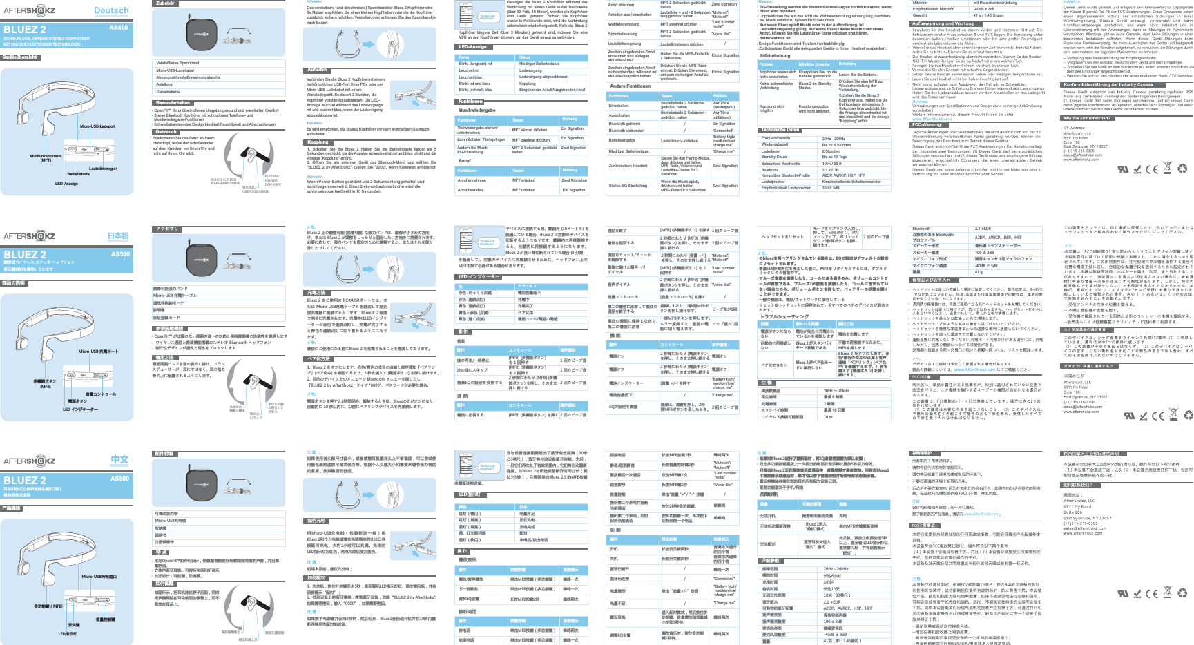 Hinweis: Das verstellbare (und abnehmbare) Spannbandder Bluez 2 Kopfhörer wird für Nutzer empfohlen, die einen kleinen Kopf haben oder die die Kopfhörer zusätzlich sichern möchten. Verstellen oder entfernen Sie das Spannband je nach Bedarf.AufladenVerbinden Sie die Bluez 2 Kopfhörermit einem herkömmlichen USB-Port Ihres PCs oder per Micro-USB-Ladekabel mit einem Wandladegerät. Es dauert 2 Stunden, die Kopfhörer vollständig aufzuladen. Die LED-Anzeige leuchtet während des Ladevorgangs rot und leuchtet blau, wenn der Ladevorgang abgeschlossen ist.Es wird empfohlen, die Bluez2 Kopfhörer vor dem erstmaligen Gebrauch aufzuladen.1.  Halten  Sie  die  Betriebstaste  länger  als  5 Sekunden gedrückt, bis die Anzeige abwechselnd rot und blau blinkt und die Ansage “Kopplung” ertönt.2.  Öffnen  Sie  am  externen  Gerät  das  Bluetooth-Menü  und  wählen  Sie “BLUEZ  2  by AfterShokz”.  Geben  Sie &quot;0000&quot;, wenn Kennwort erforderlich Schalten  Sie  die  Bluez  2 KopplungWenn Power-Button gedrückt und 2 Se kundenlanggehalten und dannlosgelassenwird, Bluez 2 ein-und automatischwieder die zuvorgekoppeltesGerät in 10 Sekunden.ZubehörBesonderheitenGebrauchPositionieren Sie das Band an Ihrem Hinterkopf, wobei der Schallwandler auf dem Knochen vor Ihrem Ohr und nicht auf Ihrem Ohr sitzt.GeräteübersichtBLUEZ 2SCHNURLOSE, OFFENE STEREO-KOPFHÖRERMIT KNOCHENLEITENDER TECHNOLOGIE Kopfhörer  längere  Zeit  (über  3  Minuten)  getrennt sind,  müssen  Sie  eine MFB an den Kopfhörern drücken, um das Gerät erneut zu verbinden.Gelangen  die  Bluez 2  Kopfhörer  während  der Verbindung mit  einem Gerät  außer  Reichweite (über 33 Fuß/ 10 Meter), werden die Kopfhörer vom  Gerät  getrennt.  Sobald  die  Kopfhörer wieder in  Reichweite sind, wird die Verbindung automatisch wiederhergestellt. Falls die Bluez 2 LED-AnzeigeMusikwiedergabeAnrufメモ: 充電方法ペア化方法アクセサリ新規搭載機能着用方法頭部周囲バンドを首の後ろに掛け、トランスデューサーが、耳にではなく、耳の前の骨の上に配置されるようにします。部品の説明BLUEZ 2開放式ワイヤレス ステレオ ヘッドフォン骨伝導技術を採用していますを超過して)、対象のデバイスに再接続させるために、ヘッドフォン上のMFBを押す必要がある場合があります。LED インジケータートラブルシューティング仕様通話機能注意： 如何充电用 Micro-USB充 电 线 （ 包 装 附 送 一 条 ） 将Bluez 2和个人电脑或墙充电源插座的USB口连接既可充电。大约2小时可以充满。充电时LED指示灯为红色，充电完成后变为蓝色。1.   按住开关键至少5秒，直至看见LED指示灯红、蓝交替闪烁，并有语音提示“配对”；2.  找到设备上的蓝牙菜单，搜索蓝牙设备，选择“BLUEZ 2 by AfterShokz”. 如果需要密码，输入“先关机，0000”，如果需要密码。如何配对如果按下电源键并保持2秒钟，然后松开，Bluez2会自动开机并在10秒内重新连接早先配对的设备。特点如何佩戴产品描述BLUEZ 2当与设备连接距离超出了蓝牙有效距离（10米/33英尺），蓝牙将与该设备断开连接。之后，一旦它们再次处于有效范围内，它们将自动重新连接。如Bluez 2与所连设备断开时间过长（超过3分钟），只需要单击Bluez 2上的MFB按键LED指示灯接听电话功能Bluez 2 上の調整可能 (脱着可能) な張力バンドは、頭部が小さめの方向け、または Bluez 2 が頭部をしっかりと固定したい方向きに推奨されます。必要に応じて、張力バンドを固定のために調整するか、またはそれを取り外したりしてください。Multifunktionstaste (MFT)Micro-USB-LadeportLED-AnzeigeBetriebstasteLautstärkereglerVerstellbares SpannbandMicro-USB-LadekabelAtmungsaktive AufbewahrungstascheAnleitungGarantiekarteOpenFit™ für unübertroffenen Umgebungssound und erweiterten KomfortStereo Bluetooth Kopfhörer mit schnurlosen Telefonie- und Musikwiedergabe-FunktionenSchweißabweisendes Design blockiert Feuchtigkeit und Abscheidungen Hinweis: Hinweis: FarbeBlinkt (langsam) rotLeuchtet rotLeuchtet blauBlinkt rot und blauBlinkt (schnell) blauStatusNiedriger BatteriestatusLadevorgangLadevorgang abgeschlossenKopplungEingehender Anruf/Ausgehender AnrufFunktionenFunktionenTitelwiedergabe starten/unterbrechenZum nächsten Titel springenTastenMFT einmal drückenMFT zweimal drückenFunktionenAnruf annehmenAnruf beendenTastenMFT drückenMFT drückenMeldungZwei SignaltonEin SignaltonAndere FunktionenFunktionenEinschaltenAusschaltenBluetooth getrenntBluetooth verbundenBatterieanzeigeNiedriger BatteriestatusTastenBetriebstaste 2 Sekunden gedrückt haltenBetriebstaste 2 Sekunden gedrückt haltenLautstärke+/- drückenMeldungVier Töne (ansteigend)Vier Töne (abfallend)Empfindlichkeit LautsprecherMikrofonEmpfindlichkeit MikrofonGewicht100 ± 3dBmit Rauschunterdrückung-40dB ± 3dB41 g / 1.45 Unzen多機能ボタン (MFB)Micro-USB 充電ポートLED インジケーター電源ボタン音量コントロール調節可能張力バンドMicro-USB 充電ケーブル通気性格納ポーチ説明書保証登録カードOpenFit™ が比類のない周囲の音への対応と長時間装着の快適性を提供しますワイヤレス通話と音楽機能搭載のステレオ Bluetooth ヘッドフォン耐汗性デザインが湿気と雨水をブロックしますメモ: メモ: 色赤色 (ゆっくり点滅)赤色 (連続点灯)青色 (連続点灯)青色と赤色 (点滅)青色 (速く点滅)ステータス電池容量低下充電中充電完了ペア化中着信コール/電話の発信動作音楽動作曲の再生/一時停止次の曲にスキップコントロール[MFB] (多機能ボタン) を 1 回押す[MFB] (多機能ボタン) を 2 回押す音声通知動作着信に応答するコントロール[MFB] (多機能ボタン) を押す音声通知2 回のビープ音動作電源オン電源オフ電池インジケーター電池容量低下コントロール2 秒間にわたり [電源ボタン] を押し、そのまま押し続ける2 秒間にわたり [電源ボタン] を押し、そのまま押し続ける[音量 +/-] を押す音声通知問題電源がオンにならない自動的に再接続しないペア化できない疑われる問題電池が完全に充電されているかを確認しますBluez 2 がスタンバイ モード状態であるBluez 2 がペア化モードに移行しない解決方法電池を充電します手動で再接続するために、MFBを押しますBluez 2 をオフにします。赤色/青色の交互の点滅と音声通知「ペアリング」(ペア化中) を確認するまで、5 秒を越え て [電 源ボタン] を押 し続けます。周波数範囲再生時間充電時間スタンバイ時間ワイヤレス接続可能範囲Bluetooth互換性のある Bluetooth プロファイルスピーカー形式スピーカー感度マイクロフォン形式マイクロフォン感度重量電源オン電源オフ20Hz ～ 20kHz最長 6 時間2 時間最長 10 日間10 m2.1 +EDRA2DP、AVRCP、HSP、HFP骨伝導トランスデューサー100 ± 3dB雑音キャンセル型マイクロフォン-40dB ± 3dB41 g耳朵开放式立体声无线头戴式耳机骨传导技术支持多功能键（MFB）Micro-USB充电端口LED指示灯开关键音量控制键配件明细可调式张力带Micro-USB充电线收纳袋说明书注册保修卡采用OpenFit™的专利设计，使佩戴者能更好地感知到周围的声音，并且佩戴舒适。立体声蓝牙耳机，可接听电话和听音乐抗汗设计：可防潮，防滴溅。如图所示，把耳机挂在脖子后面，同时扬声器要贴在耳朵前面的颚骨上，而不是放在耳朵上。如果使用者头部尺寸偏小，或者感觉耳机戴在头上不够稳固，可以尝试使用随包装附送的可调式张力带。根据个人头部大小和需要来调节张力带的松紧度，使其稳固而舒适。注意： 初用本品前，建议先充电；注意： 来重新连接设备。颜色红灯（慢闪）红灯（常亮）蓝灯（常亮）蓝、红交替闪烁蓝灯（快闪）状态电量不足正在充电…充电完成配对来电话/拨出电话操作播放音乐操作播放/暂停播放下一首歌曲控制按键单击MFB按键（多功能键）双击MFB按键（多功能键）语音提示操作接电话结束电话按键控制单击MFB按键（多功能键）单击MFB按键（多功能键）语音提示蜂鸣两次蜂鸣一次操作开机关机蓝牙已断开蓝牙已连接电量提示电量不足耳机控制长按开关键两秒长按开关键两秒单击“音量+/-”按钮语音提示音调依次递升的四个音音调依次递降的四个音故障诊断详细参数现象无法开机无法自动重新连接无法配对可能的原因检查电池是否充满Bluez 2进入“待机”模式蓝牙耳机未进入“配对”模式措施充电单击MFB按键重新连接先关机，再按住电源按钮5秒以上，直至看见LED指示灯红、蓝交替闪烁，并有语音提示“配对”。频率范围播放时间充电时间待机时间无线工作范围蓝牙版本可兼容的蓝牙配置扬声器类型扬声器灵敏度麦克风类型麦克风灵敏度重量20Hz - 20kHz长达6小时2小时长达10天10米（33英尺）2.1 +EDR A2DP，AVRCP，HSP，HFP骨传导扬声器100 ± 3dB降噪麦克风-40dB ± 3dB41克（即：1.45盎司）Ändern Sie Musik EQ-EinstellungMFT 2 Sekunden gedrückt halten音楽EQの設定を変更する 2 秒間にわたり [MFB] (多機能ボタン) を押し、そのまま押し続ける2 回のビープ音调节EQ设置 长按MFB按键2秒 蜂鸣两次Hinweis: EQ-Einstellung werden die Standardeinstellungen zurückzusetzen, wenn Bluez wird repariert. メモ: のbluezを再ペアリングされている場合は、EQの設定がデフォルトの設定にリセットされます。 音楽は5秒間再生を停止した後に、MFBをリダイヤルするには、ダブルクリックしのみ有効です。ブルーズ音楽を演奏したり、コールにある場合のみ、ボリュームコントロールが有効である。ブルーズ2が音楽を演奏したり、コールに含まれていない場合にのみ、ボリュームボタンを押して、バッテリーの状態を聞くことができます。注意： 如果对Bluez 2进行了重新配对，其EQ设置将重置为默认设置； 双击多功能按键重拨上一次拨出的电话在音乐停止播放5秒后方有效。 只有当Bluez 2正在播放音乐或通话中，音量控制才是有效的。只有当Bluez2不播放音乐或通话时，您才可以按下音量按钮并听到电池状态提示音。RUHEN AUF DEN  WANGENKNOCHENWICKELT ÜBER DIE OHRENBLEIBEN HINTER DEM KOPFあなたの頬骨に載る 耳の上にラップあなたの頭の後ろにとどまる贴在脸颊骨上绕过耳朵上方放在头部后面“Connected”“Battery high/ medium/low/ charge me”“Charge me”通話を終了着信を拒否する通話をミュート/ミュートを解除する最後に賭けた番号へリダイヤル音声ダイアル音量コントロール[MFB] (多機能ボタン) を押す2 秒間にわたり [MFB] (多機能ボタン) を押し、そのまま押し続ける2 秒間にわたり [音量 +/-] を押し、そのまま押し続ける[MFB] (多機能ボタン) を 2 回押す2 秒間にわたり [MFB] (多機能ボタン) を押し、そのまま押し続ける[音量コントロール] を押す1 回のビープ音2 回のビープ音““Mute off”Mute on”/“Voice dial”“Last number  redial”“Battery high/ medium/low/ charge me”“Charge me”拒接电话静音/取消静音重拨最后一次通话语音拨号音量控制长按MFB按键2秒长按音量控制键2秒双击MFB键2次长按MFB键2秒单击“音量 “+”/“  -”按键 蜂鸣两次““Mute off”Mute on”/“Voice dial”“Last number  redial”“Connected”“Battery high/ medium/low/ charge me”“Charge me”蜂鸣一次Ein SignaltonAnruf ablehnenAnrufton aus-/einschaltenWahlwiederholungSprachsteuerungLautstärkeregelungMFT 2 Sekunden gedrückt haltenLautstärke + und - 2 Sekunden lang gedrückt haltenMFT zweimal drückenMFT 2 Sekunden gedrückt haltenLautstärketasten drücken““Mute off”Mute on”/“Voice dial”“Last number  redial”Zwei SignaltonMeldungZwei SignaltonEin SignaltonEin Signalton1 回のビープ音1 回のビープ音蜂鸣一次蜂鸣一次Zweiten eingehenden Anruf annehmen und auflegen aktuellen Anruf Halten Sie die MFB-Taste für 2 Sekunden.  Einzel Signalton Zweiten eingehenden Anruf zu beantworten, während auf aktuelle Gespräch halten Drücken Sie die MFB-Taste einmal. Drücken Sie erneut, um zum vorherigen Anruf zu wechseln. Einzel Signalton Zurücksetzen Headset Geben Sie den Pairing-Modus, dann drücken und halten MFB-Taste, Volumen und Lautstärke-Tasten für 3 Sekunden. Zwei Signalton第二の着信に応答して現在の通話を終了する 長押しすると、2秒間MFBボタンを押し続けます。  ビープ音が1回 現在の通話に保持しながら、第二の着信に応答 一度MFBボタンを押します。もう一度押すと、直前の電話に切り替えます。 ビープ音が1回 ヘッドセットをリセット モードをペアリング入力し、押して、MFBボタン、ボリュームアップ、ボリュームダウン3秒間ボタンを押し続けます。 一部の機能は、電話/ネットワークに依存している リセットはヘッドセットに保存されているすべてのペアのデバイスが消去されます。 2 回のビープ音接听第二个来电并挂断当前通话  按住2秒钟多功能键。  单蜂鸣 接听第二个来电，同时保持当前通话 按多功能键一次。再次按下切换到前一个电话。  单蜂鸣 重设耳机 进入配对模式，然后按住多功能键、音量增加和音量减小按钮3秒钟。重设将擦除存储在您的耳机所有配对设备记录。某些功能取决于手机/网络 StörbehebungTechnische DatenProblemKopfhörer lassen sich nicht einschaltenKeine automatische VerbindungKopplung nicht möglichMögliche UrsacheÜberprüfen Sie, ob die Batterie geladen ist.Bluez 2 im Standby-Modus.Kopplungsmodus wird nicht aktiviert.Laden Sie die Batterie.Drücken Sie eine MFB zur Wiederherstellung der Verbindung.Schalten Sie die Bluez 2 Kopfhörer aus. Halten Sie die Betriebstaste mindestens 5 Sekunden lang gedrückt, bis die Anzeige abwechselnd rot und blau blinkt und die Ansage “Kopplung” ertönt.BehebungFrequenzbereichWiedergabezeitLadedauerStandby-DauerSchnurlose ReichweiteBluetoothKompatible Bluetooth-ProfileLautstprecher20Hz - 20kHzBis zu 6 Stunden2 StundenBis zu 10 Tage10 m / 33 ft2.1 +EDRA2DP, AVRCP, HSP, HFPDoppelklicken Sie auf das MFB die Wahlwiederholung ist nur gültig, nachdem die Musik aufhört zu spielen für 5 Sekunden.Nur wenn Bluez spielt Musik oder in der Aufforderung, ist Lautstärkeregelung gültig. Nur wenn Bluez2 keine Musik oder einenAnruf, können Sie die Lautstärke-Taste drücken und hören, Batteriestatus an.         Einige Funktionen sind Telefon / netzabhängigZurücksetzen l scht alle gekoppelten Ger te in Ihrem Headset gespeichert.öäKnochenleitende Schallumwandler蜂鸣两次////“BLUEZ 2 by AfterShokz”.BLUEZ 2 by AfterShokz“BLUEZ 2 by AfterShokz”.BLUEZ 2 by AfterShokz“BLUEZ 2 by AfterShokz”.BLUEZ 2 by AfterShokz/////存储和维护1.  Bluez 2 をオフにします。赤色/青色の交互の点滅と音声通知「ペアリング」(ペア化中) を確認するまで、5 秒を越えて [電源ボタン] を押し続けます。2.  目的のデバイス上のメニューで Bluetooth メニューを探しだし、「BLUEZ 2 by AfterShokz」タイプ &quot;0000&quot;、パスワードが必要な場合。Bluez 2 をご使用の PCのUSBポートには、または Micro-USB充電ケーブルを経由して差込型充電器に接続するかします。Bluezは 2 時間で完全に充電されます。充電中はLEDインジケーターが赤色で連続点灯し、充電が完了すると青色の連続点灯に切り替わるようにになります。最初にご使用になる前にBluez 2 を充電されることを推奨しております。電源ボタンを押すと2秒間保持、解除するときは、Bluezの2 がオンになり、自動的に 10 秒以内に、以前にペアリングデバイスを再接続します。デバイスに接続する間、範囲外 (10メートル) を超過している場合、Bluez 2 は対象のデバイスを切断するようになります。範囲内に再度復帰すると、自動的に再接続するようになります。Bluez 2 が長い間切断されていた場合 (3 分間Stellen EQ-Einstellung Wenn die Musik spielt, drücken und halten MFB-Taste für 2 Sekunden.Zwei Signalton 调整EQ设置 播放音乐时，按住多功能键2秒钟。 蜂鸣两次EQの設定を調整 音楽は、演奏を押し、2秒間MFBボタンを長したとき。 2 回のビープ音/AS500AS500AS500