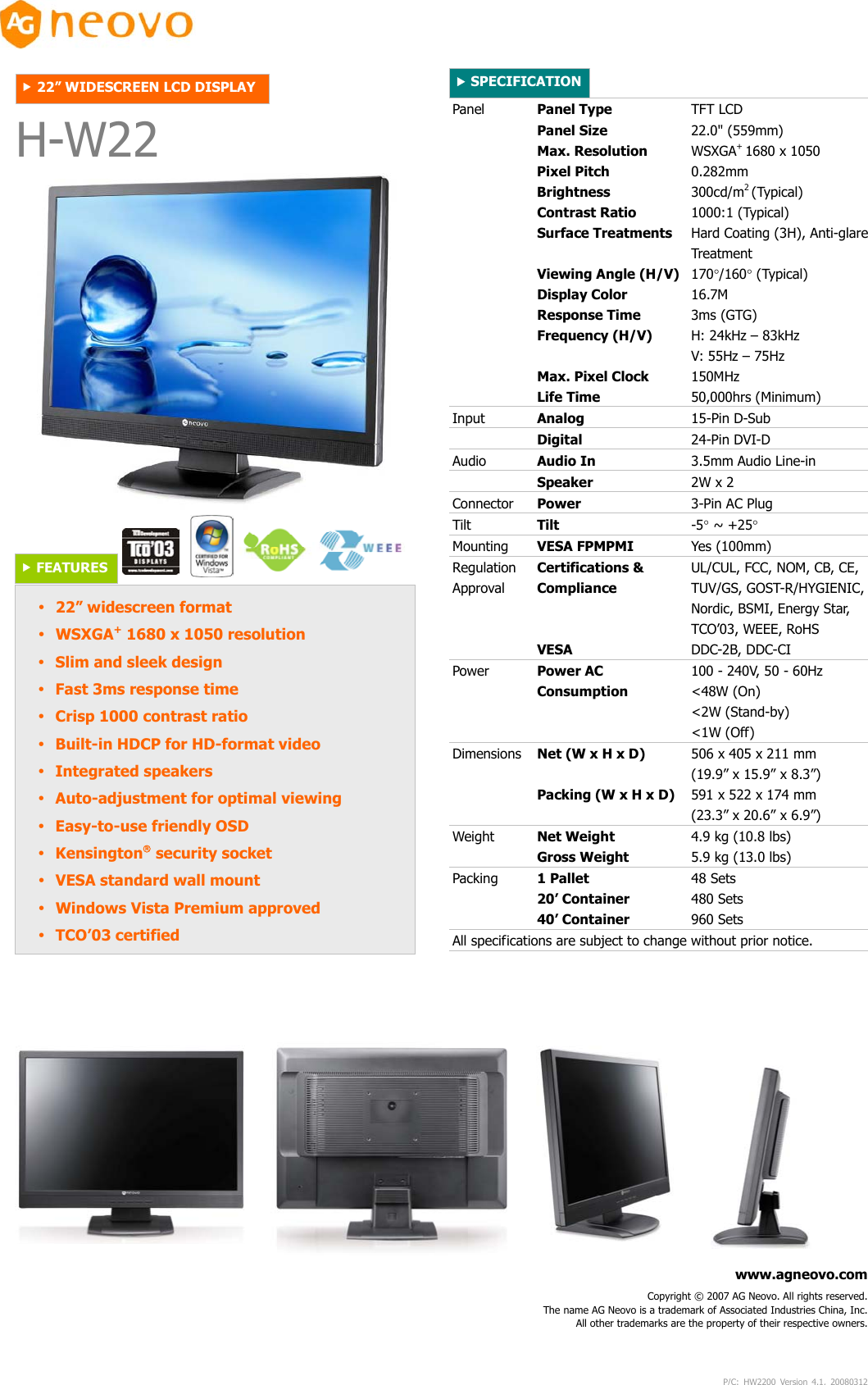 Ag Neovo H W22 Users Manual Net Weight