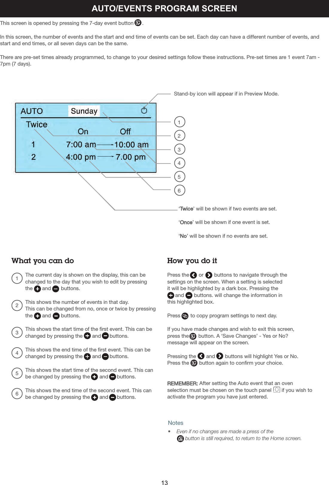 AUTO/EVENTS PROGRAM SCREENStand-by icon will appear if in Preview Mode.‘Twice’ will be shown if two events are set.‘Once’ will be shown if one event is set.‘No’ will be shown if no events are set.123456This screen is opened by pressing the 7-day event button      .In this screen, the number of events and the start and end time of events can be set. Each day can have a different number of events, andstart and end times, or all seven days can be the same.There are pre-set times already programmed, to change to your desired settings follow these instructions. Pre-set times are 1 event 7am -7pm (7 days).What you can do  1    The current day is shown on the display, this can be changed to the day that you wish to edit by pressing the      and       buttons.  2    This shows the number of events in that day. This can be changed from no, once or twice by pressingthe     and       buttons.  3    This shows the start time of the first event. This can be changed by pressing the     and      buttons.  4    This shows the end time of the first event. This can be changed by pressing the     and      buttons.  5    This shows the start time of the second event. This can be changed by pressing the     and      buttons.  6    This shows the end time of the second event. This can be changed by pressing the     and      buttons.How you do itPress the       or      buttons to navigate through the settings on the screen. When a setting is selected it will be highlighted by a dark box. Pressing theand       buttons. will change the information in this highlighted box. Press       to copy program settings to next day. If you have made changes and wish to exit this screen, press the      button. A ‘Save Changes’ - Yes or No? message will appear on the screen. Pressing the       and       buttons will highlight Yes or No. Press the       button again to confirm your choice. REMEMBER: After setting the Auto event that an ovenselection must be chosen on the touch panel       if you wish toactivate the program you have just entered.Notes•    Even if no changes are made a press of the     button is still required, to return to the Home screen.13