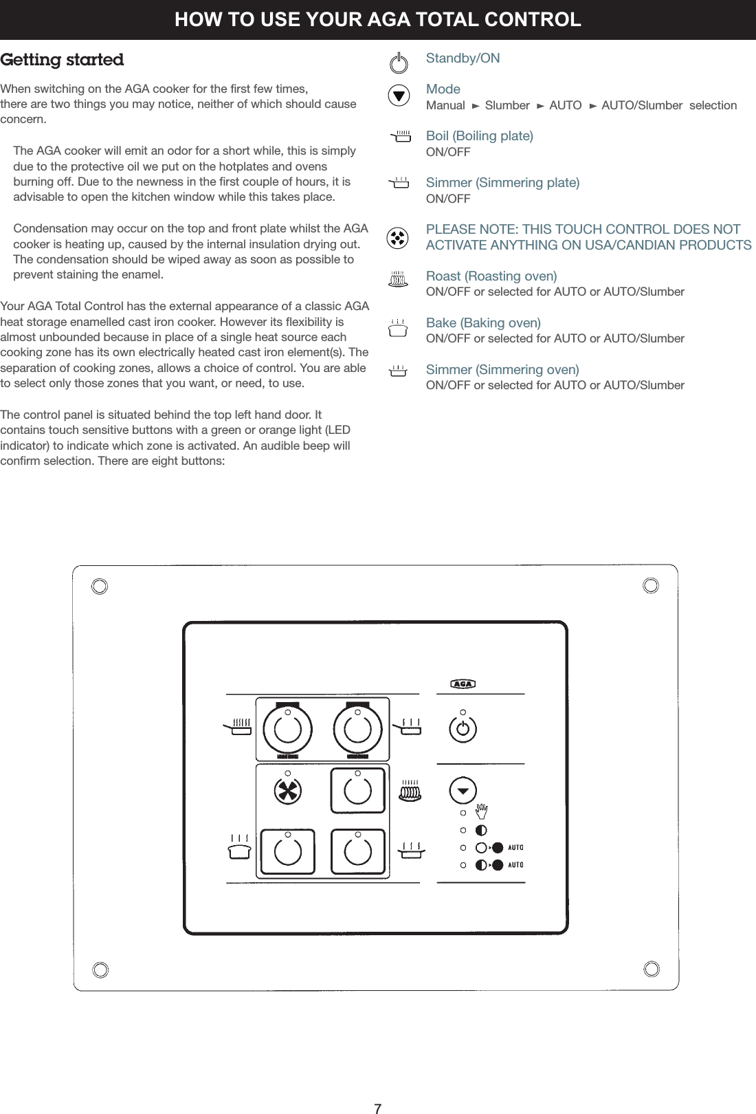 Getting startedWhen switching on the AGA cooker for the first few times, there are two things you may notice, neither of which should causeconcern.The AGA cooker will emit an odor for a short while, this is simplydue to the protective oil we put on the hotplates and ovensburning off. Due to the newness in the first couple of hours, it is     advisable to open the kitchen window while this takes place. Condensation may occur on the top and front plate whilst the AGAcooker is heating up, caused by the internal insulation drying out.The condensation should be wiped away as soon as possible toprevent staining the enamel.Your AGA Total Control has the external appearance of a classic AGAheat storage enamelled cast iron cooker. However its flexibility isalmost unbounded because in place of a single heat source eachcooking zone has its own electrically heated cast iron element(s). Theseparation of cooking zones, allows a choice of control. You are ableto select only those zones that you want, or need, to use.The control panel is situated behind the top left hand door. Itcontains touch sensitive buttons with a green or orange light (LEDindicator) to indicate which zone is activated. An audible beep willconfirm selection. There are eight buttons:          Standby/ON          Mode          Manual      Slumber      AUTO      AUTO/Slumber  selection          Boil (Boiling plate)          ON/OFF          Simmer (Simmering plate)          ON/OFF          PLEASE NOTE: THIS TOUCH CONTROL DOES NOT           ACTIVATE ANYTHING ON USA/CANDIAN PRODUCTS                    Roast (Roasting oven)          ON/OFF or selected for AUTO or AUTO/Slumber          Bake (Baking oven)          ON/OFF or selected for AUTO or AUTO/Slumber          Simmer (Simmering oven)          ON/OFF or selected for AUTO or AUTO/SlumberHOW TO USE YOUR AGA TOTAL CONTROL7