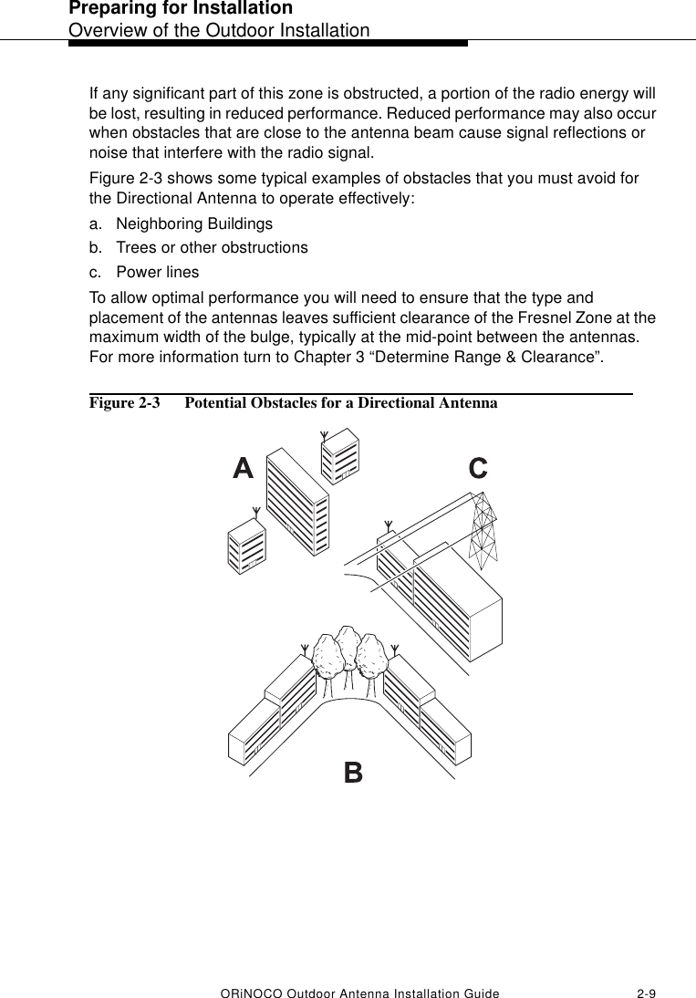 Preparing for InstallationOverview of the Outdoor InstallationORiNOCO Outdoor Antenna Installation Guide 2-9If any significant part of this zone is obstructed, a portion of the radio energy will be lost, resulting in reduced performance. Reduced performance may also occur when obstacles that are close to the antenna beam cause signal reflections or noise that interfere with the radio signal.Figure 2-3 shows some typical examples of obstacles that you must avoid for the Directional Antenna to operate effectively:a. Neighboring Buildingsb. Trees or other obstructionsc. Power linesTo allow optimal performance you will need to ensure that the type and placement of the antennas leaves sufficient clearance of the Fresnel Zone at the maximum width of the bulge, typically at the mid-point between the antennas. For more information turn to Chapter 3 “Determine Range &amp; Clearance”.Figure 2-3  Potential Obstacles for a Directional Antenna