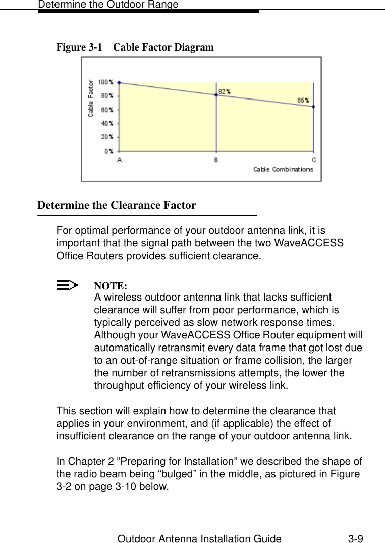 Determine the Outdoor RangeOutdoor Antenna Installation Guide 3-9Figure 3-1  Cable Factor DiagramDetermine the Clearance Factor 3For optimal performance of your outdoor antenna link, it is important that the signal path between the two WaveACCESS Office Routers provides sufficient clearance.NOTE:A wireless outdoor antenna link that lacks sufficient clearance will suffer from poor performance, which is typically perceived as slow network response times. Although your WaveACCESS Office Router equipment will automatically retransmit every data frame that got lost due to an out-of-range situation or frame collision, the larger the number of retransmissions attempts, the lower the throughput efficiency of your wireless link.This section will explain how to determine the clearance that applies in your environment, and (if applicable) the effect of insufficient clearance on the range of your outdoor antenna link.In Chapter 2 ”Preparing for Installation” we described the shape of the radio beam being “bulged” in the middle, as pictured in Figure 3-2 on page 3-10 below. 