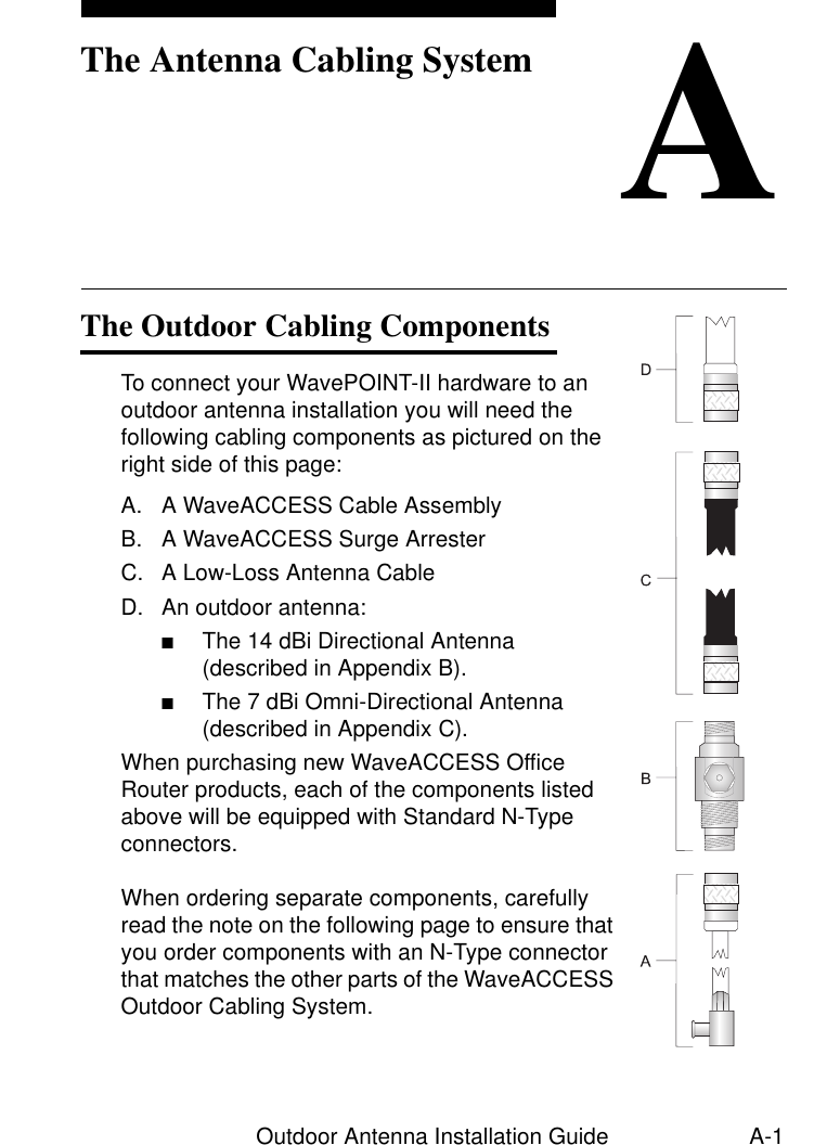 Outdoor Antenna Installation Guide A-1AThe Antenna Cabling SystemThe Outdoor Cabling Components 1To connect your WavePOINT-II hardware to an outdoor antenna installation you will need the following cabling components as pictured on the right side of this page:A. A WaveACCESS Cable AssemblyB. A WaveACCESS Surge ArresterC. A Low-Loss Antenna CableD. An outdoor antenna:■The 14 dBi Directional Antenna (described in Appendix B).■The 7 dBi Omni-Directional Antenna (described in Appendix C).When purchasing new WaveACCESS Office Router products, each of the components listed above will be equipped with Standard N-Type connectors. When ordering separate components, carefully read the note on the following page to ensure that you order components with an N-Type connector that matches the other parts of the WaveACCESS Outdoor Cabling System.