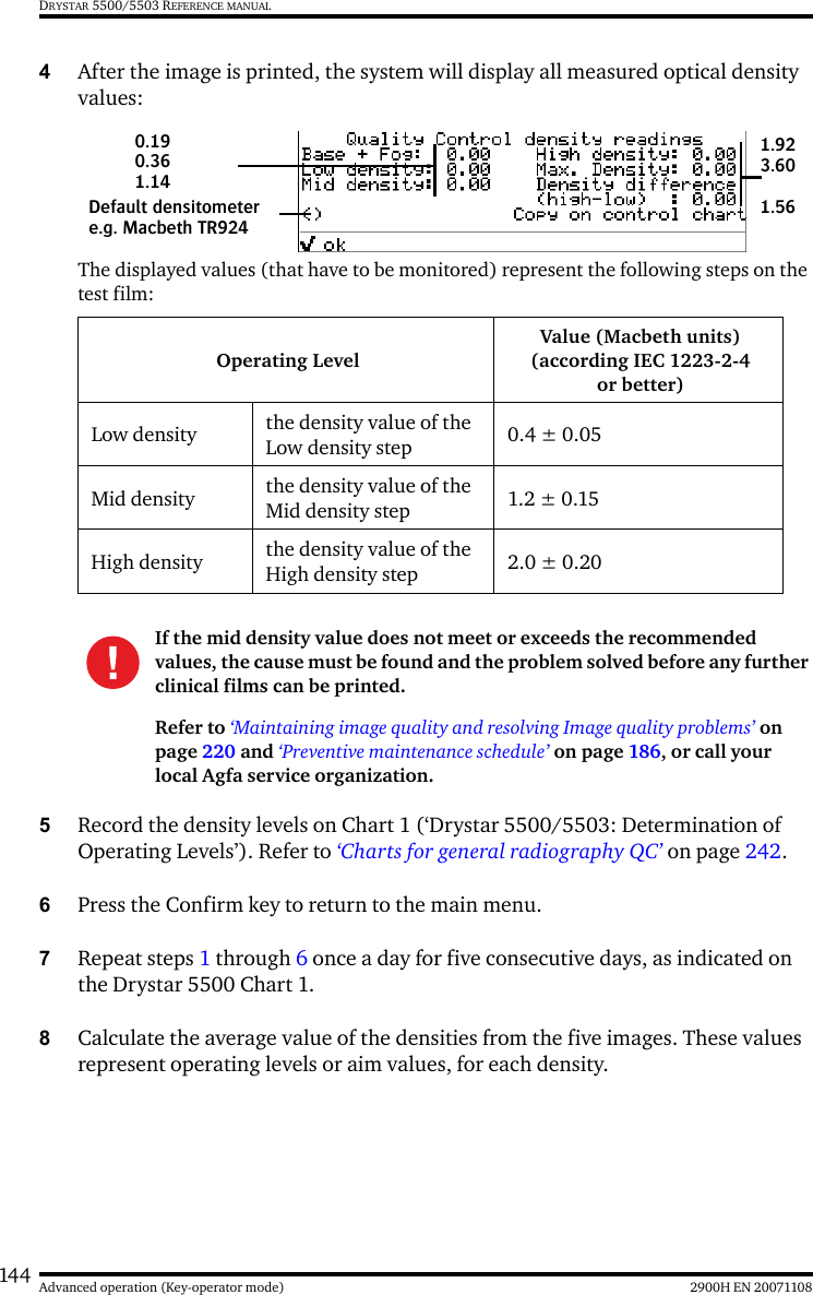 144 2900H EN 20071108Advanced operation (Key-operator mode)DRYSTAR 5500/5503 REFERENCE MANUAL4After the image is printed, the system will display all measured optical density values:The displayed values (that have to be monitored) represent the following steps on the test film:5Record the density levels on Chart 1 (‘Drystar 5500/5503: Determination of Operating Levels’). Refer to ‘Charts for general radiography QC’ on page 242.6Press the Confirm key to return to the main menu.7Repeat steps 1 through 6 once a day for five consecutive days, as indicated on the Drystar 5500 Chart 1.8Calculate the average value of the densities from the five images. These values represent operating levels or aim values, for each density.Operating LevelValue (Macbeth units)(according IEC 1223-2-4or better)Low density the density value of the Low density step 0.4 ± 0.05Mid density the density value of the Mid density step 1.2 ± 0.15High density the density value of the High density step 2.0 ± 0.20If the mid density value does not meet or exceeds the recommended values, the cause must be found and the problem solved before any further clinical films can be printed.Refer to ‘Maintaining image quality and resolving Image quality problems’ on page 220 and ‘Preventive maintenance schedule’ on page 186, or call your local Agfa service organization.Default densitometere.g. Macbeth TR9240.19 0.361.141.923.601.56