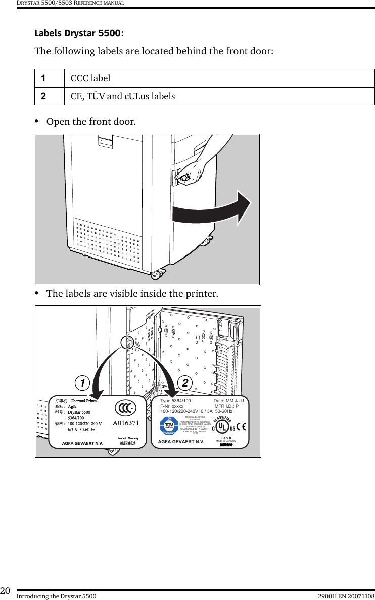 20 2900H EN 20071108Introducing the Drystar 5500DRYSTAR 5500/5503 REFERENCE MANUALLabels Drystar 5500:The following labels are located behind the front door:•Open the front door.•The labels are visible inside the printer.1CCC label2CE, TÜV and cULus labelsType5364/100Date:MM.JJJJF-Nr.xxxxx MFRI.D.:P100-120/220-240V6/3A50-60HzAGFAGEVAERTN.V.MadeinGermanyMEDICALELECTRICEQUIPMENT WITHRESPECTTOELECTRICSHOCK,FIRE,ANDMECHANICALHAZARDSONLYINACCORDANCEWITHUL2601-1/CAN/CSAC22.2NO.601.19F031 2