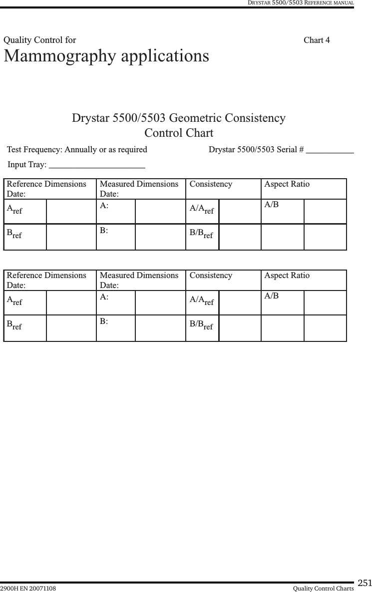 2512900H EN 20071108 Quality Control ChartsDRYSTAR 5500/5503 REFERENCE MANUALDrystar 5500/5503 Geometric ConsistencyControl ChartTest Frequency: Annually or as required  Drystar 5500/5503 Serial # ___________Reference DimensionsDate:Measured DimensionsDate:Consistency Aspect Ratio ArefA: A/ArefA/BBrefB: B/BrefReference DimensionsDate:Measured DimensionsDate:Consistency Aspect Ratio ArefA: A/ArefA/BBrefB: B/BrefMammography applicationsInput Tray: ______________________Quality Control for    Chart 4