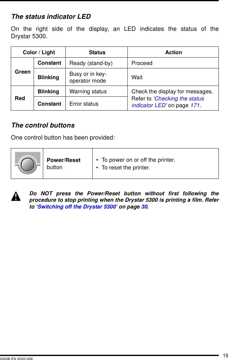 192920B EN 20031206The status indicator LEDOn the right side of the display, an LED indicates the status of theDrystar 5300.The control buttonsOne control button has been provided:Color / Light Status ActionGreenConstant Ready (stand-by) ProceedBlinking Busy or in key-operator mode WaitRed Blinking Warning status Check the display for messages. Refer to &lsquo;Checking the status indicator LED&rsquo; on page 171.Constant Error statusPower/Reset button&bull; To power on or off the printer.&bull; To reset the printer.Do NOT press the Power/Reset button without first following theprocedure to stop printing when the Drystar 5300 is printing a film. Referto &lsquo;Switching off the Drystar 5300&rsquo; on page 30.