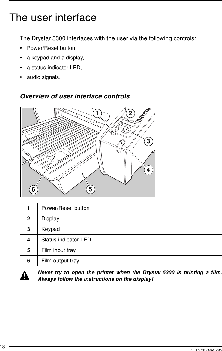 18 2921B EN 20031206The user interfaceThe Drystar 5300 interfaces with the user via the following controls:&bull;Power/Reset button,&bull;a keypad and a display,&bull;a status indicator LED,&bull;audio signals.Overview of user interface controls1Power/Reset button2Display3Keypad4Status indicator LED5Film input tray6Film output trayNever try to open the printer when the Drystar 5300 is printing a film.Always follow the instructions on the display!1 23465