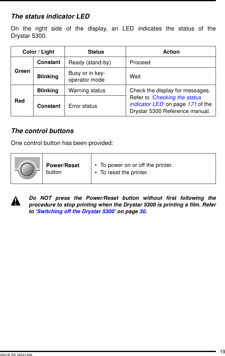 192921B EN 20031206The status indicator LEDOn the right side of the display, an LED indicates the status of theDrystar 5300.The control buttonsOne control button has been provided:Color / Light Status ActionGreenConstant Ready (stand-by) ProceedBlinking Busy or in key-operator mode WaitRedBlinking Warning status Check the display for messages. Refer to &lsquo;Checking the status indicator LED&rsquo; on page 171 of the Drystar 5300 Reference manual.Constant Error statusPower/Reset button&bull; To power on or off the printer.&bull; To reset the printer.Do NOT press the Power/Reset button without first following theprocedure to stop printing when the Drystar 5300 is printing a film. Referto &lsquo;Switching off the Drystar 5300&rsquo; on page 30.