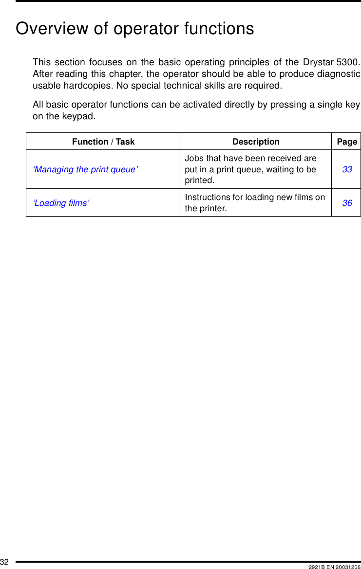 32 2921B EN 20031206Overview of operator functionsThis section focuses on the basic operating principles of the Drystar 5300.After reading this chapter, the operator should be able to produce diagnosticusable hardcopies. No special technical skills are required.All basic operator functions can be activated directly by pressing a single keyon the keypad.Function / Task Description Page&lsquo;Managing the print queue&rsquo; Jobs that have been received are put in a print queue, waiting to be printed.33&lsquo;Loading films&rsquo; Instructions for loading new films on the printer. 36