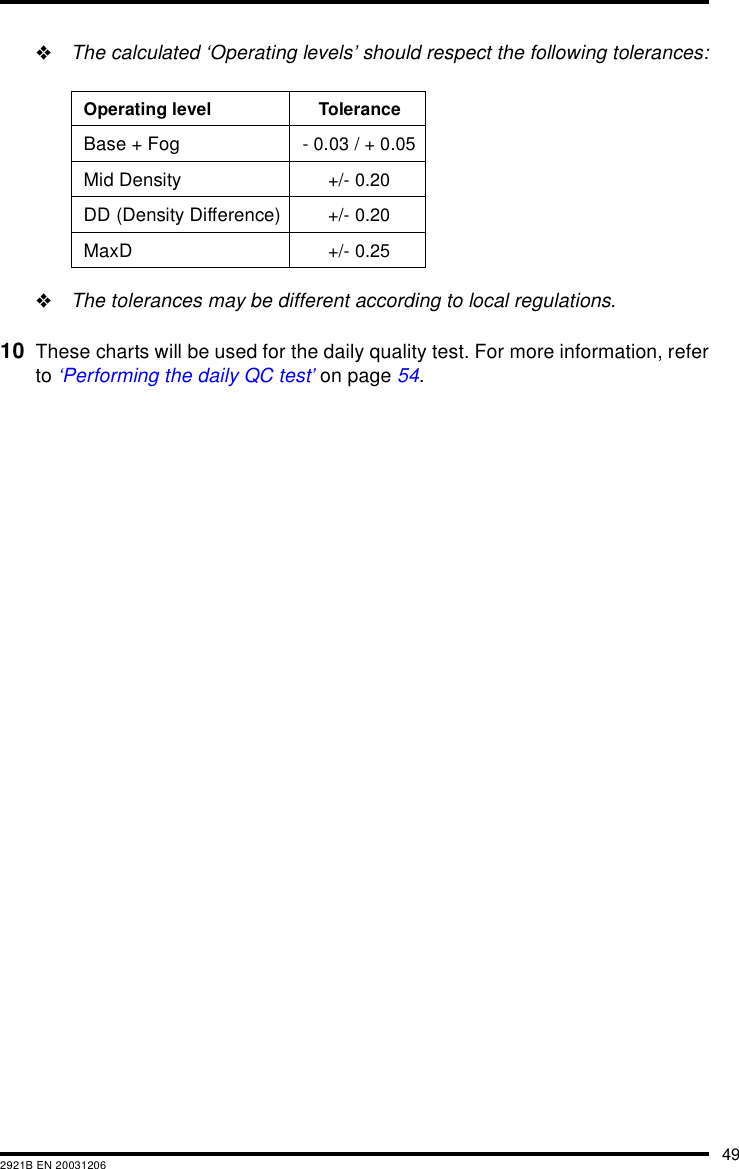 492921B EN 20031206"The calculated &lsquo;Operating levels&rsquo; should respect the following tolerances:"The tolerances may be different according to local regulations.10 These charts will be used for the daily quality test. For more information, referto &lsquo;Performing the daily QC test&rsquo; on page 54.Operating level ToleranceBase + Fog - 0.03 / + 0.05Mid Density +/- 0.20DD (Density Difference) +/- 0.20MaxD +/- 0.25