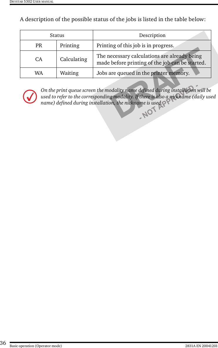 36 2831A EN 20041201Basic operation (Operator mode)DRYSTAR 5302 USER MANUALA description of the possible status of the jobs is listed in the table below:Status DescriptionPR Printing Printing of this job is in progress.CA Calculating The necessary calculations are already being made before printing of the job can be started.WA Waiting Jobs are queued in the printer memory.On the print queue screen the modality name defined during installation will be used to refer to the corresponding modality. If there is also a nickname (daily used name) defined during installation, the nickname is used.
