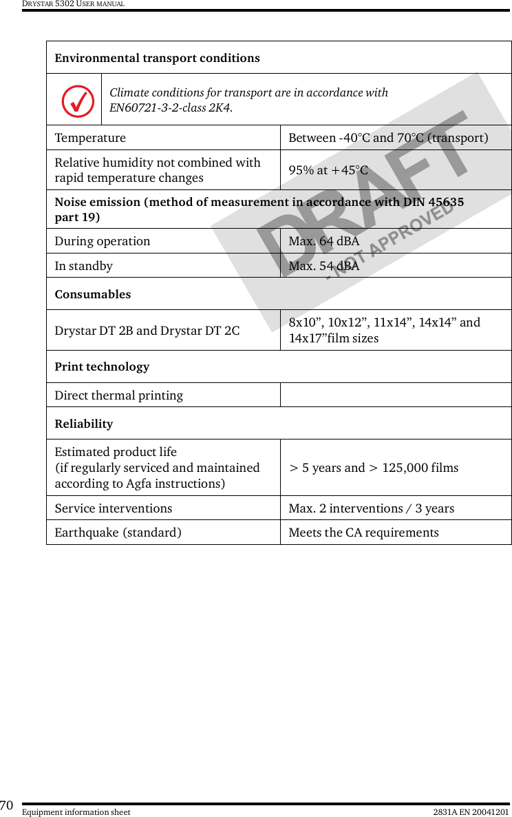 70 2831A EN 20041201Equipment information sheetDRYSTAR 5302 USER MANUALEnvironmental transport conditionsClimate conditions for transport are in accordance with EN60721-3-2-class 2K4.Temperature Between -40°C and 70°C (transport)Relative humidity not combined with rapid temperature changes 95% at +45°CNoise emission (method of measurement in accordance with DIN 45635 part 19)During operation Max. 64 dBAIn standby Max. 54 dBAConsumablesDrystar DT 2B and Drystar DT 2C 8x10”, 10x12”, 11x14”, 14x14” and 14x17”film sizesPrint technologyDirect thermal printingReliabilityEstimated product life(if regularly serviced and maintained according to Agfa instructions)&gt; 5 years and &gt; 125,000 filmsService interventions Max. 2 interventions / 3 yearsEarthquake (standard) Meets the CA requirements