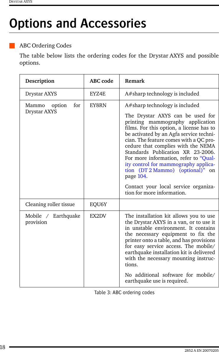 18 2852 A EN 20070205DRYSTAR AXYSOptions and AccessoriesQABC Ordering CodesThe table below lists the ordering codes for the Drystar AXYS and possibleoptions.Description ABC code RemarkDrystar AXYS EYZ4E A#sharp technology is includedMammo option forDrystar AXYSEY8RN A#sharp technology is includedThe Drystar AXYS can be used forprinting mammography applicationfilms. For this option, a license has tobe activated by an Agfa service techni-cian. The feature comes with a QC pro-cedure that complies with the NEMAStandards Publication XR 23-2006.For more information, refer to &ldquo;Qual-ity control for mammography applica-tion (DT 2 Mammo) (optional)&rdquo; onpage 104.Contact your local service organiza-tion for more information.Cleaning roller tissue EQU6YMobile / EarthquakeprovisionEX2DV The installation kit allows you to usethe Drystar AXYS in a van, or to use itin unstable environment. It containsthe necessary equipment to fix theprinter onto a table, and has provisionsfor easy service access. The mobile/earthquake installation kit is deliveredwith the necessary mounting instruc-tions.No additional software for mobile/earthquake use is required.Table 3: ABC ordering codes