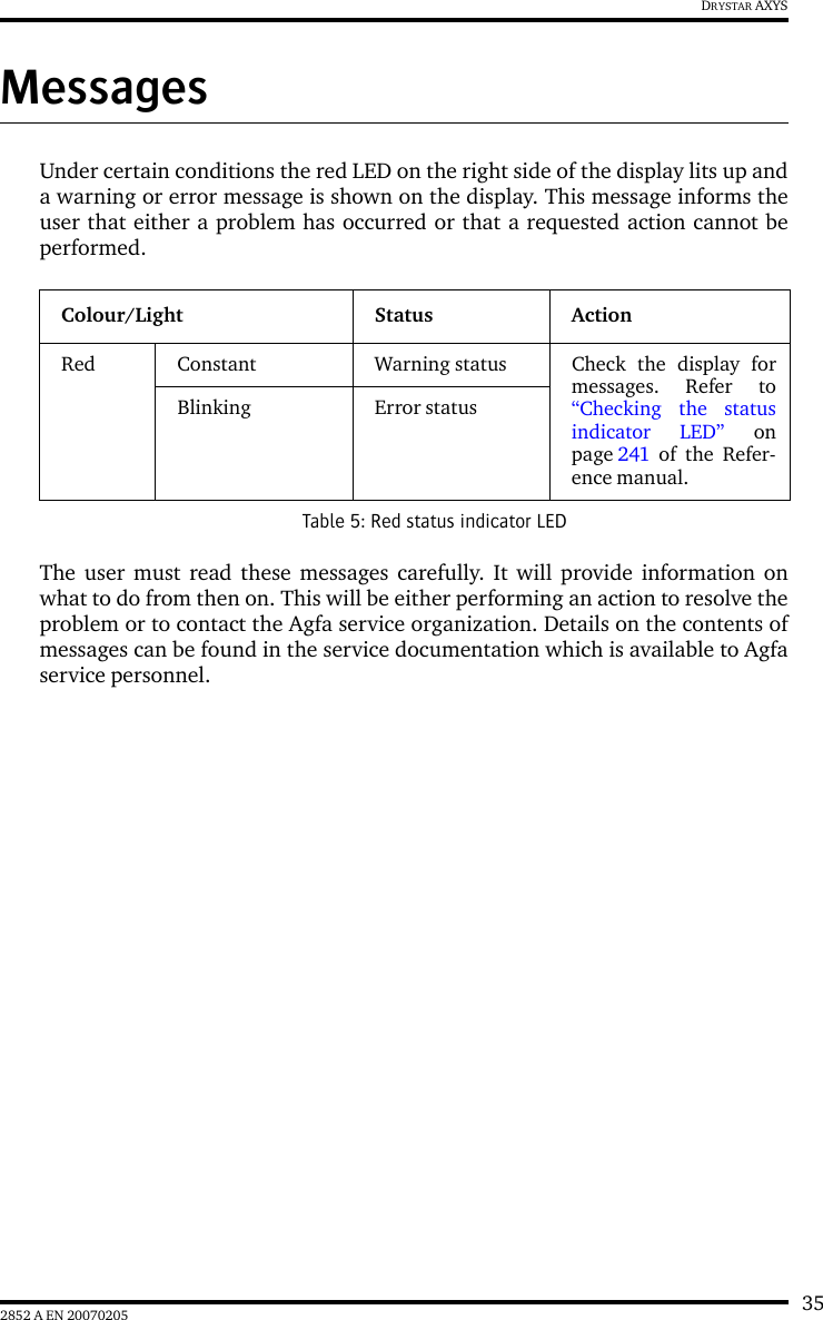 352852 A EN 20070205DRYSTAR AXYSMessagesUnder certain conditions the red LED on the right side of the display lits up anda warning or error message is shown on the display. This message informs theuser that either a problem has occurred or that a requested action cannot beperformed.The user must read these messages carefully. It will provide information onwhat to do from then on. This will be either performing an action to resolve theproblem or to contact the Agfa service organization. Details on the contents ofmessages can be found in the service documentation which is available to Agfaservice personnel.Colour/Light Status ActionRed Constant Warning status Check the display formessages. Refer to&ldquo;Checking the statusindicator LED&rdquo; onpage 241 of the Refer-ence manual.Blinking Error statusTable 5: Red status indicator LED