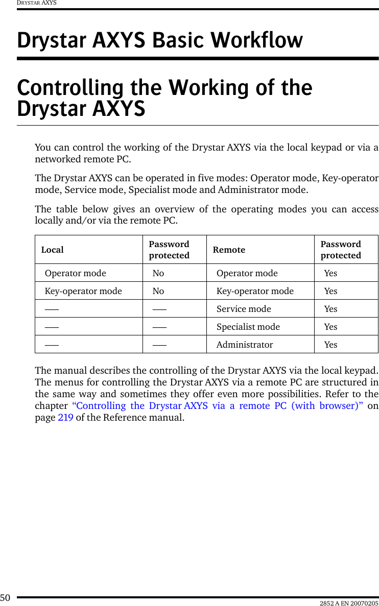 50 2852 A EN 20070205DRYSTAR AXYSDrystar AXYS Basic WorkflowControlling the Working of the Drystar AXYSYou can control the working of the Drystar AXYS via the local keypad or via anetworked remote PC.The Drystar AXYS can be operated in five modes: Operator mode, Key-operatormode, Service mode, Specialist mode and Administrator mode. The table below gives an overview of the operating modes you can accesslocally and/or via the remote PC.The manual describes the controlling of the Drystar AXYS via the local keypad.The menus for controlling the Drystar AXYS via a remote PC are structured inthe same way and sometimes they offer even more possibilities. Refer to thechapter  &ldquo;Controlling the Drystar AXYS via a remote PC (with browser)&rdquo; onpage 219 of the Reference manual.Local Password protected Remote Password protectedOperator mode No Operator mode YesKey-operator mode No Key-operator mode Yes&ndash;&ndash;&ndash; &ndash;&ndash;&ndash; Service mode Yes&ndash;&ndash;&ndash; &ndash;&ndash;&ndash; Specialist mode Yes&ndash;&ndash;&ndash; &ndash;&ndash;&ndash; Administrator Yes