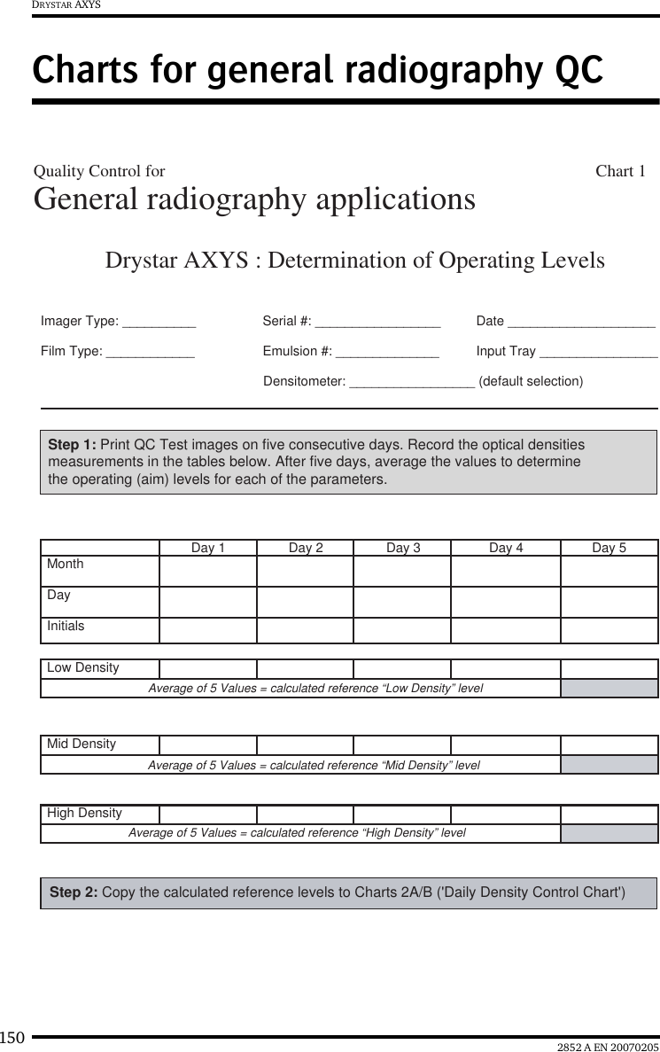 150 2852 A EN 20070205DRYSTAR AXYSCharts for general radiography QCDrystar AXYS : Determination of Operating Levels Imager Type: __________ Serial #: _________________ Date ____________________Input Tray ________________Film Type: ____________ Emulsion #: ______________Densitometer: _________________ (default selection)Day 1 Day 2 Day 3 Day 4 Day 5MonthDayInitialsLow DensityAverage of 5 Values = calculated reference &ldquo;Low Density&rdquo; levelMid Density  Average of 5 Values = calculated reference &ldquo;Mid Density&rdquo; levelHigh DensityAverage of 5 Values = calculated reference &ldquo;High Density&rdquo; levelStep 1: Print QC Test images on five consecutive days. Record the optical densities measurements in the tables below. After five days, average the values to determine the operating (aim) levels for each of the parameters. Step 2: Copy the calculated reference levels to Charts 2A/B ('Daily Density Control Chart')  General radiography applicationsQuality Control for                                                                                                     Chart 1