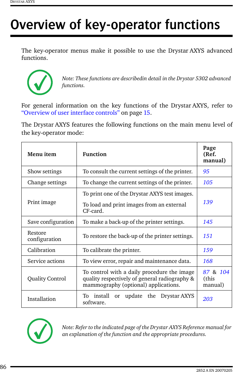 86 2852 A EN 20070205DRYSTAR AXYSOverview of key-operator functionsThe key-operator menus make it possible to use the Drystar AXYS advancedfunctions.For general information on the key functions of the Drystar AXYS, refer to&ldquo;Overview of user interface controls&rdquo; on page 15.The Drystar AXYS features the following functions on the main menu level ofthe key-operator mode:Note: These functions are describedin detail in the Drystar 5302 advanced functions.Menu item FunctionPage(Ref.manual)Show settings To consult the current settings of the printer. 95Change settings To change the current settings of the printer. 105Print imageTo print one of the Drystar AXYS test images.To load and print images from an external CF-card.139Save configuration To make a back-up of the printer settings. 145Restoreconfiguration To restore the back-up of the printer settings. 151Calibration To calibrate the printer. 159Service actions To view error, repair and maintenance data. 168Quality ControlTo control with a daily procedure the imagequality respectively of general radiography &amp;mammography (optional) applications.87 &amp; 104(thismanual)Installation To install or update the Drystar AXYSsoftware. 203Note: Refer to the indicated page of the Drystar AXYS Reference manual for an explanation of the function and the appropriate procedures.