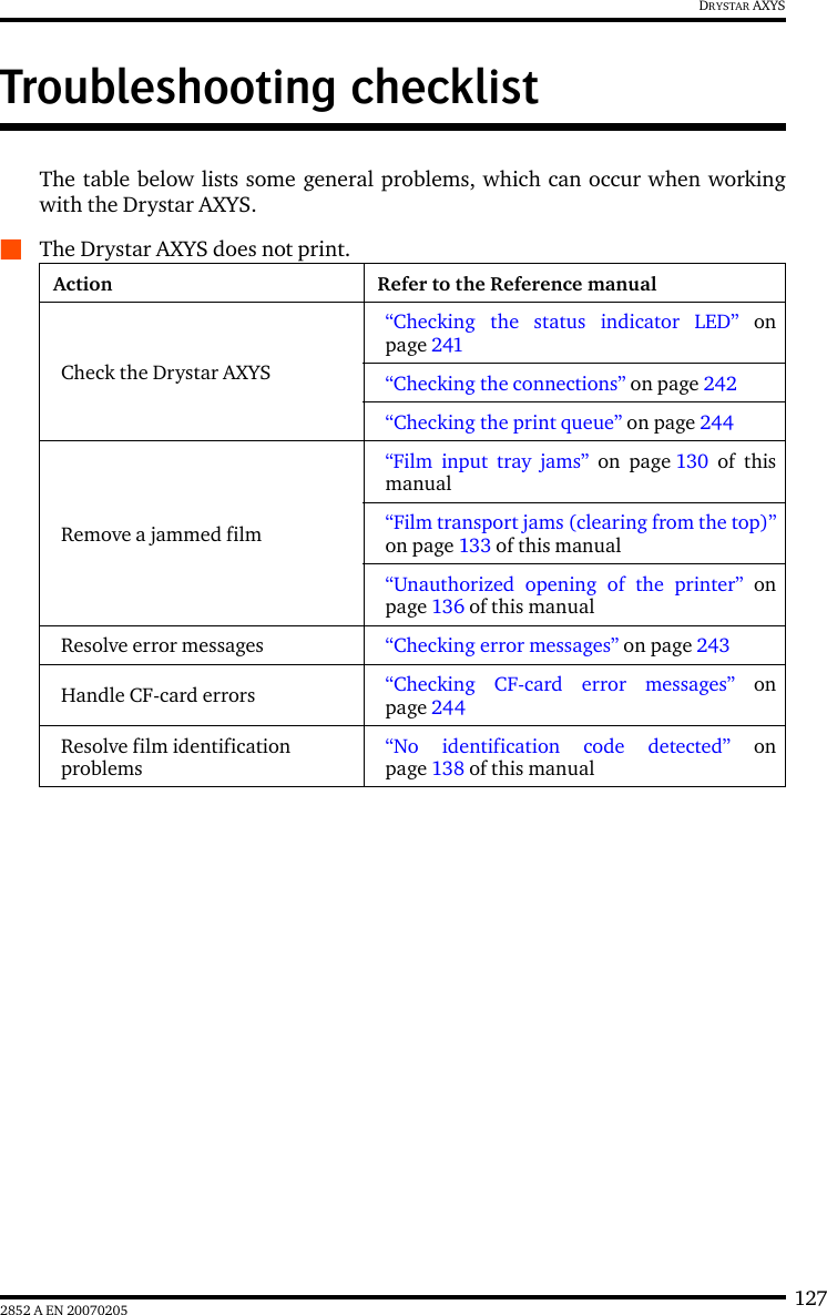 1272852 A EN 20070205DRYSTAR AXYSTroubleshooting checklistThe table below lists some general problems, which can occur when workingwith the Drystar AXYS.QThe Drystar AXYS does not print.Action Refer to the Reference manualCheck the Drystar AXYS&ldquo;Checking the status indicator LED&rdquo; onpage 241&ldquo;Checking the connections&rdquo; on page 242&ldquo;Checking the print queue&rdquo; on page 244Remove a jammed film&ldquo;Film input tray jams&rdquo; on page 130 of thismanual&ldquo;Film transport jams (clearing from the top)&rdquo;on page 133 of this manual&ldquo;Unauthorized opening of the printer&rdquo; onpage 136 of this manualResolve error messages &ldquo;Checking error messages&rdquo; on page 243Handle CF-card errors &ldquo;Checking CF-card error messages&rdquo; onpage 244Resolve film identificationproblems&ldquo;No identification code detected&rdquo; onpage 138 of this manual