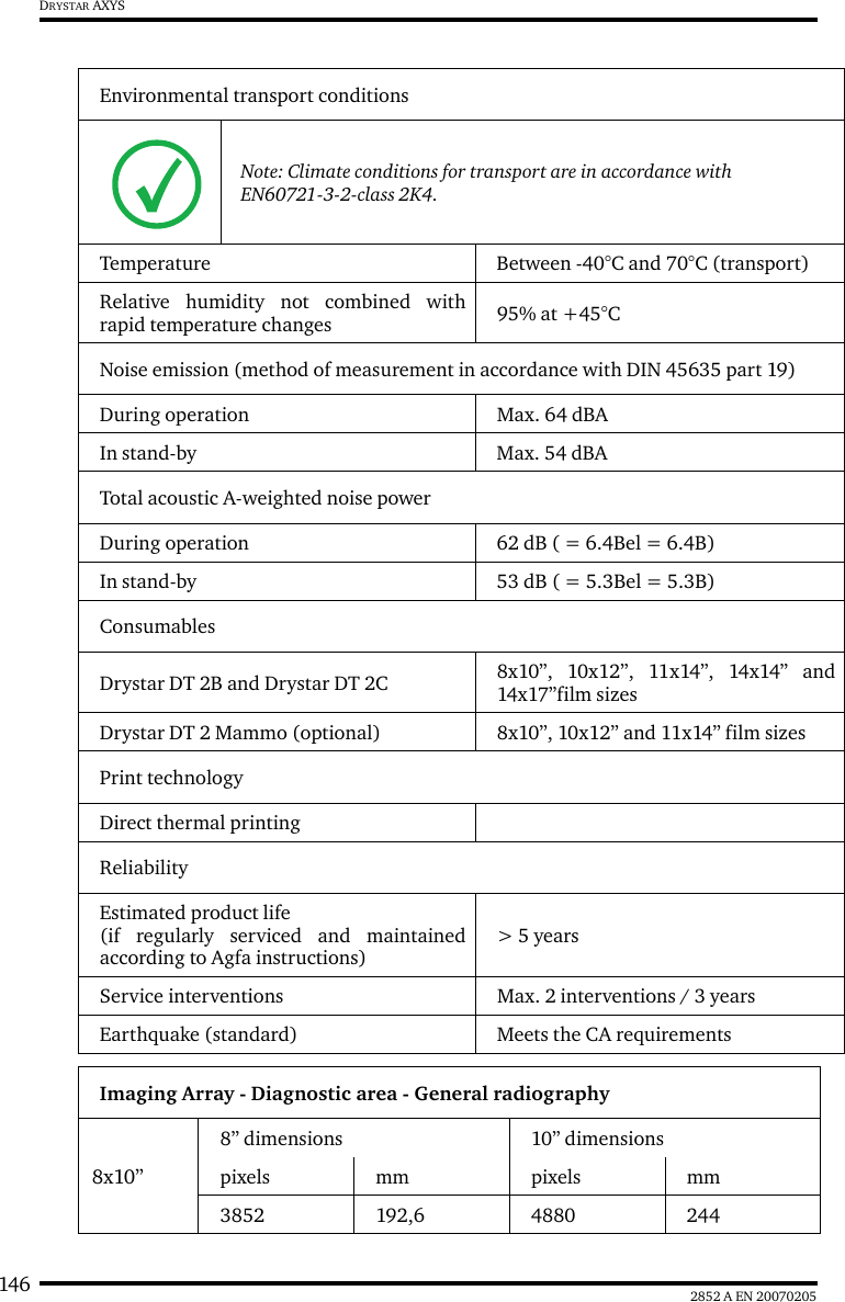 146 2852 A EN 20070205DRYSTAR AXYSEnvironmental transport conditionsNote: Climate conditions for transport are in accordance with EN60721-3-2-class 2K4.Temperature Between -40&deg;C and 70&deg;C (transport)Relative humidity not combined withrapid temperature changes 95% at +45&deg;CNoise emission (method of measurement in accordance with DIN 45635 part 19)During operation Max. 64 dBAIn stand-by Max. 54 dBATotal acoustic A-weighted noise powerDuring operation 62 dB ( = 6.4Bel = 6.4B)In stand-by 53 dB ( = 5.3Bel = 5.3B)ConsumablesDrystar DT 2B and Drystar DT 2C 8x10&rdquo;, 10x12&rdquo;, 11x14&rdquo;, 14x14&rdquo; and14x17&rdquo;film sizesDrystar DT 2 Mammo (optional) 8x10&rdquo;, 10x12&rdquo; and 11x14&rdquo; film sizesPrint technologyDirect thermal printingReliabilityEstimated product life(if regularly serviced and maintainedaccording to Agfa instructions)> 5 yearsService interventions Max. 2 interventions / 3 yearsEarthquake (standard) Meets the CA requirementsImaging Array - Diagnostic area - General radiography8x10&rdquo;8&rdquo; dimensions 10&rdquo; dimensionspixels mm pixels mm3852 192,6 4880 244