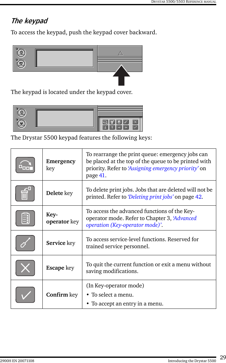 292900H EN 20071108 Introducing the Drystar 5500DRYSTAR 5500/5503 REFERENCE MANUALThe keypadTo access the keypad, push the keypad cover backward.The keypad is located under the keypad cover.The Drystar 5500 keypad features the following keys:Emergency keyTo rearrange the print queue: emergency jobs can be placed at the top of the queue to be printed with priority. Refer to ‘Assigning emergency priority’ on page 41.Delete key To delete print jobs. Jobs that are deleted will not be printed. Refer to ‘Deleting print jobs’ on page 42.Key-operator keyTo access the advanced functions of the Key-operator mode. Refer to Chapter 3, ‘Advanced operation (Key-operator mode)’.Service key To access service-level functions. Reserved for trained service personnel.Escape key To quit the current function or exit a menu without saving modifications.Confirm key(In Key-operator mode)• To select a menu.• To accept an entry in a menu.