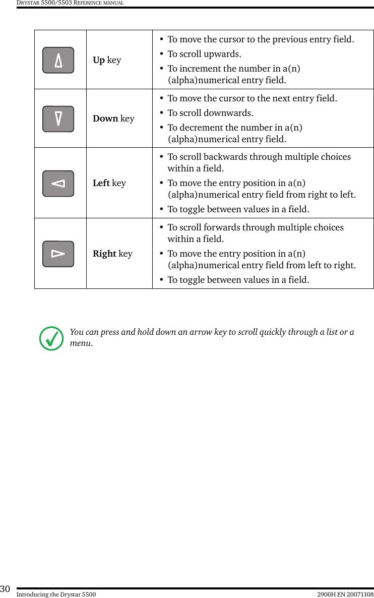 30 2900H EN 20071108Introducing the Drystar 5500DRYSTAR 5500/5503 REFERENCE MANUALUp key• To move the cursor to the previous entry field.• To scroll upwards.• To increment the number in a(n) (alpha)numerical entry field.Down key• To move the cursor to the next entry field.• To scroll downwards.• To decrement the number in a(n) (alpha)numerical entry field. Left key• To scroll backwards through multiple choices within a field.• To move the entry position in a(n) (alpha)numerical entry field from right to left.• To toggle between values in a field.Right key• To scroll forwards through multiple choices within a field.• To move the entry position in a(n) (alpha)numerical entry field from left to right.• To toggle between values in a field.You can press and hold down an arrow key to scroll quickly through a list or a menu.