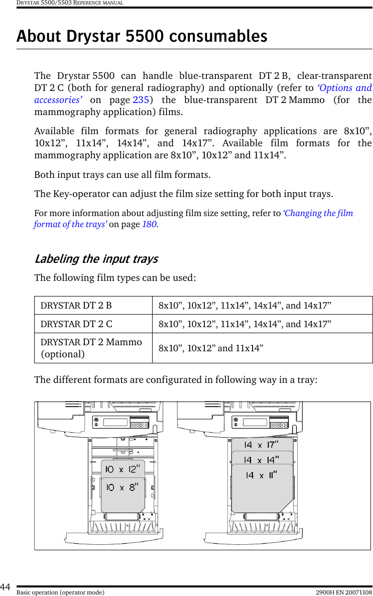 44 2900H EN 20071108Basic operation (operator mode)DRYSTAR 5500/5503 REFERENCE MANUALAbout Drystar 5500 consumablesThe Drystar 5500 can handle blue-transparent DT 2 B, clear-transparentDT 2 C (both for general radiography) and optionally (refer to ‘Options andaccessories’ on page 235) the blue-transparent DT 2 Mammo (for themammography application) films.Available film formats for general radiography applications are 8x10”,10x12”, 11x14”, 14x14”, and 14x17”. Available film formats for themammography application are 8x10”, 10x12” and 11x14”.Both input trays can use all film formats.The Key-operator can adjust the film size setting for both input trays. For more information about adjusting film size setting, refer to ‘Changing the film format of the trays’ on page 180.Labeling the input traysThe following film types can be used:The different formats are configurated in following way in a tray:DRYSTAR DT 2 B 8x10”, 10x12”, 11x14”, 14x14”, and 14x17”DRYSTAR DT 2 C 8x10”, 10x12”, 11x14”, 14x14”, and 14x17”DRYSTAR DT 2 Mammo (optional) 8x10”, 10x12” and 11x14”