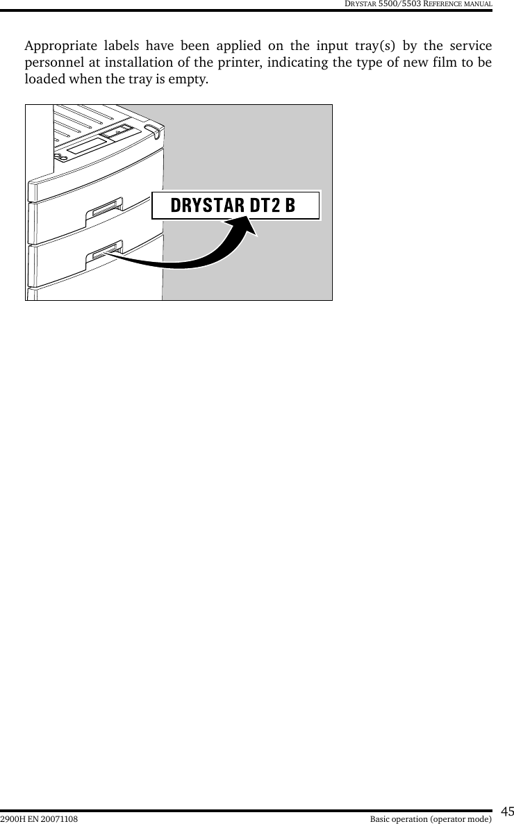 452900H EN 20071108 Basic operation (operator mode)DRYSTAR 5500/5503 REFERENCE MANUALAppropriate labels have been applied on the input tray(s) by the servicepersonnel at installation of the printer, indicating the type of new film to beloaded when the tray is empty.