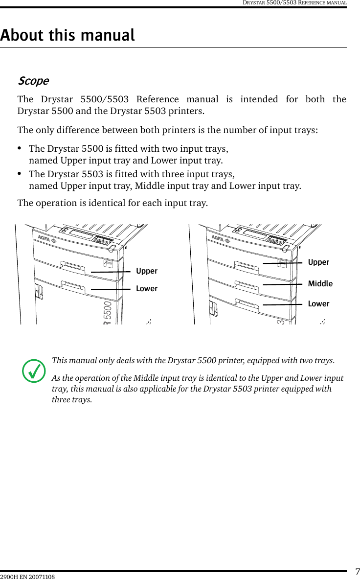 72900H EN 20071108DRYSTAR 5500/5503 REFERENCE MANUALAbout this manualScopeThe Drystar 5500/5503 Reference manual is intended for both theDrystar 5500 and the Drystar 5503 printers.The only difference between both printers is the number of input trays:•The Drystar 5500 is fitted with two input trays,named Upper input tray and Lower input tray.•The Drystar 5503 is fitted with three input trays,named Upper input tray, Middle input tray and Lower input tray.The operation is identical for each input tray.This manual only deals with the Drystar 5500 printer, equipped with two trays. As the operation of the Middle input tray is identical to the Upper and Lower input tray, this manual is also applicable for the Drystar 5503 printer equipped with three trays.UpperLowerUpperMiddleLower